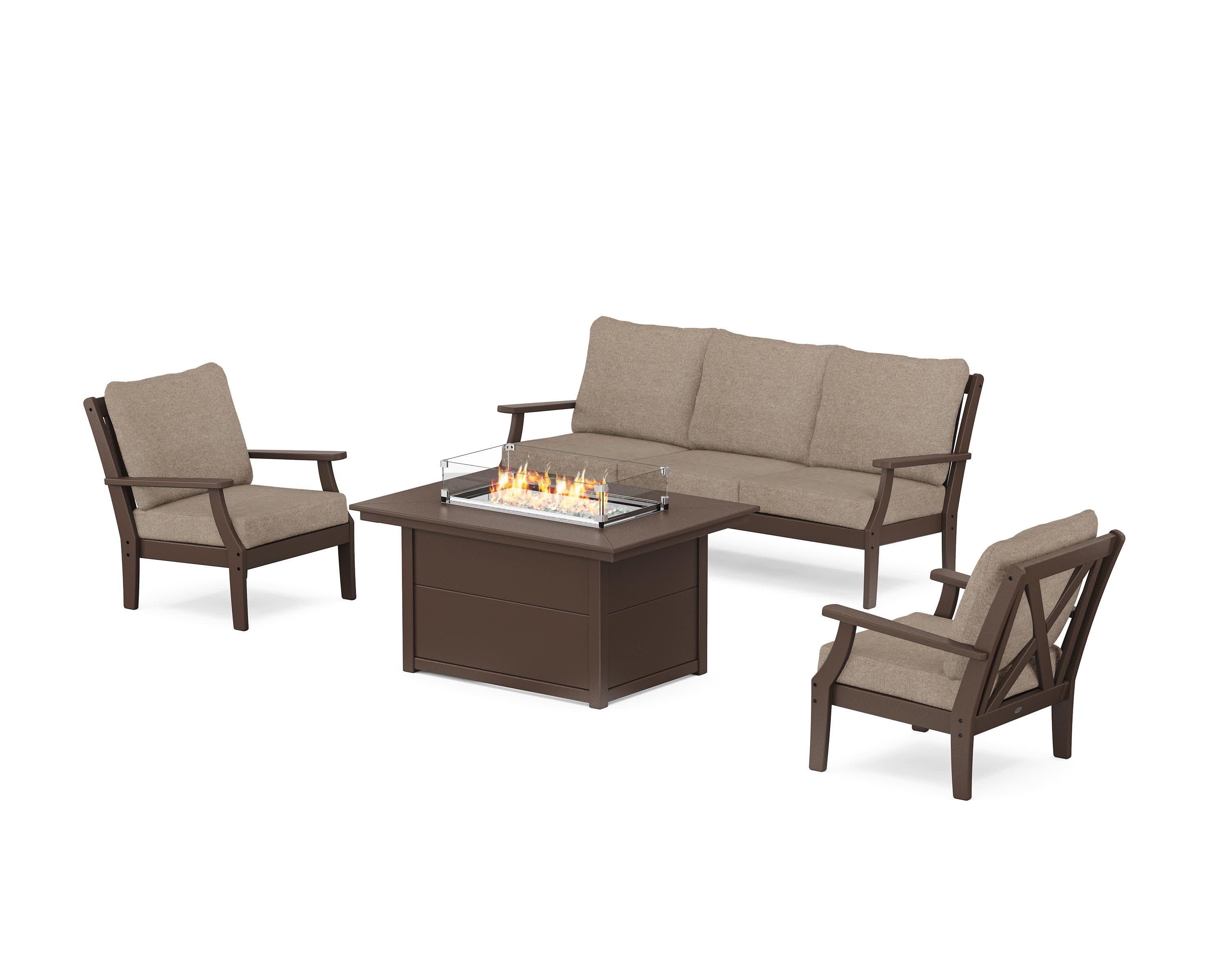 Braxton Deep Seating Fire Pit Table Set in Mahogany / Spiced Burlap