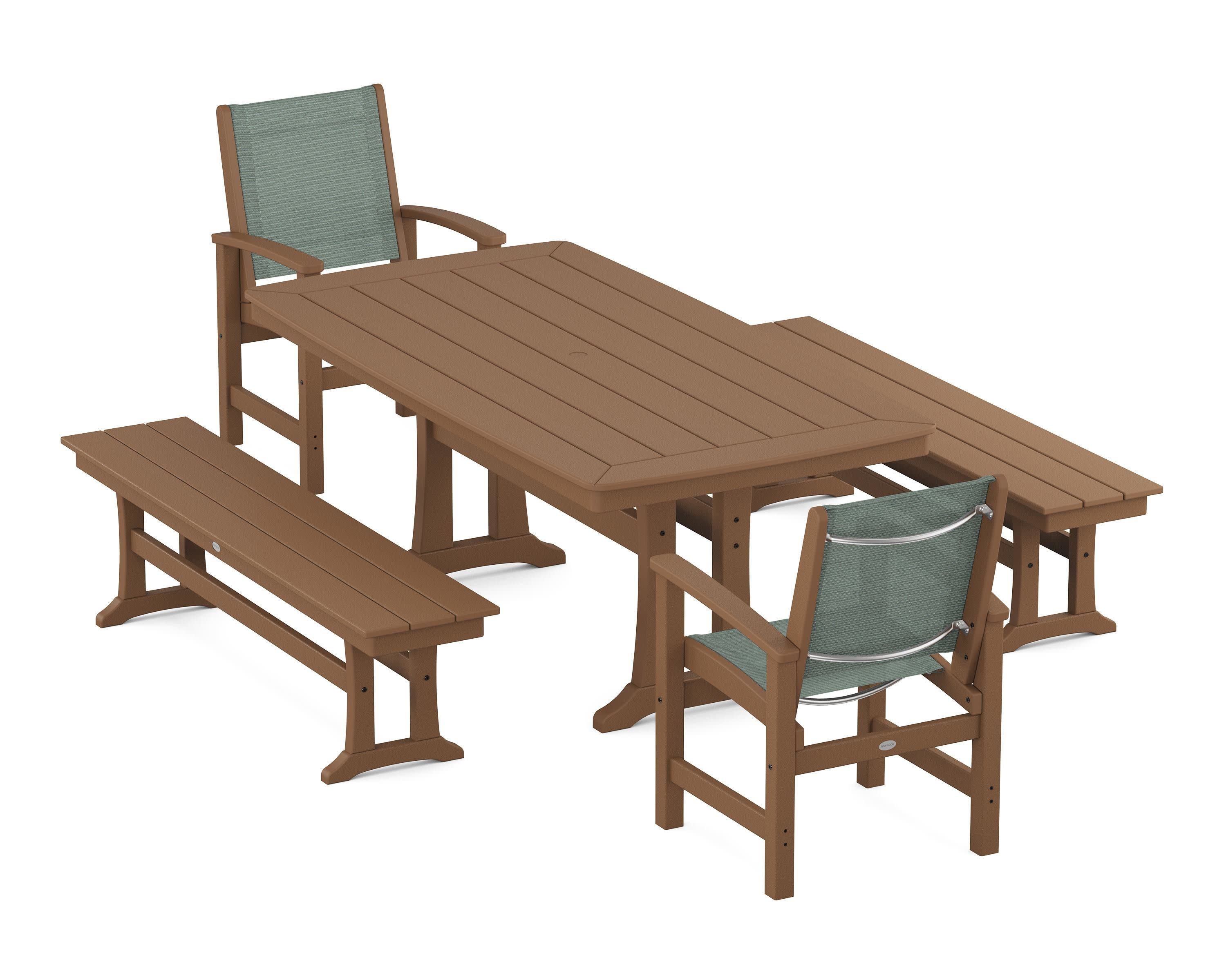 Coastal 5-Piece Dining Set with Trestle Legs and Benches in Teak / Dupioni Sea Mist Sling