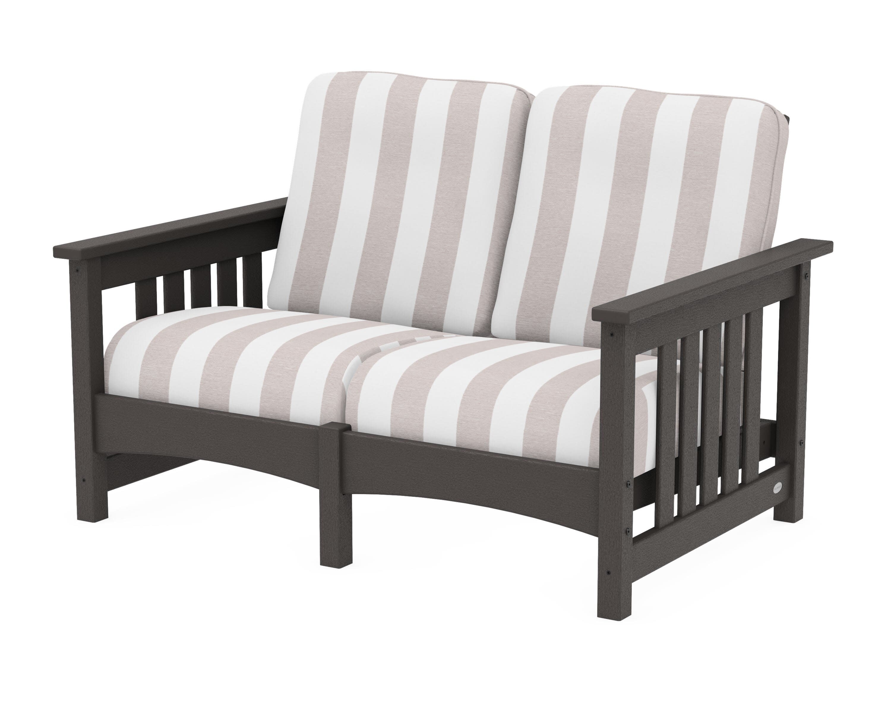 Club Mission Loveseat in Vintage Coffee / Cabana Stripe Dune Burlap