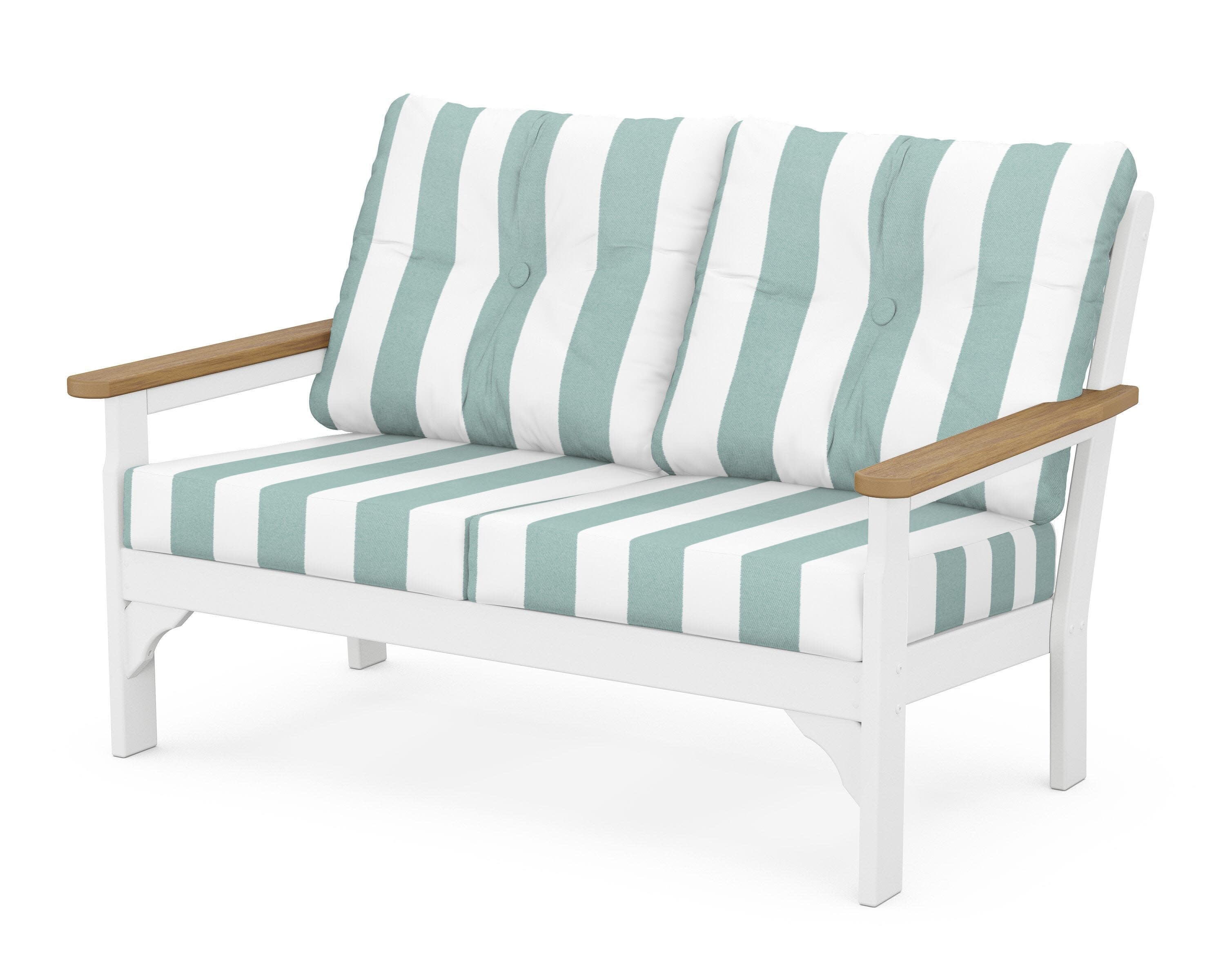 Vineyard Deep Seating Loveseat in White / Natural / Cabana Stripe Glacier Spa