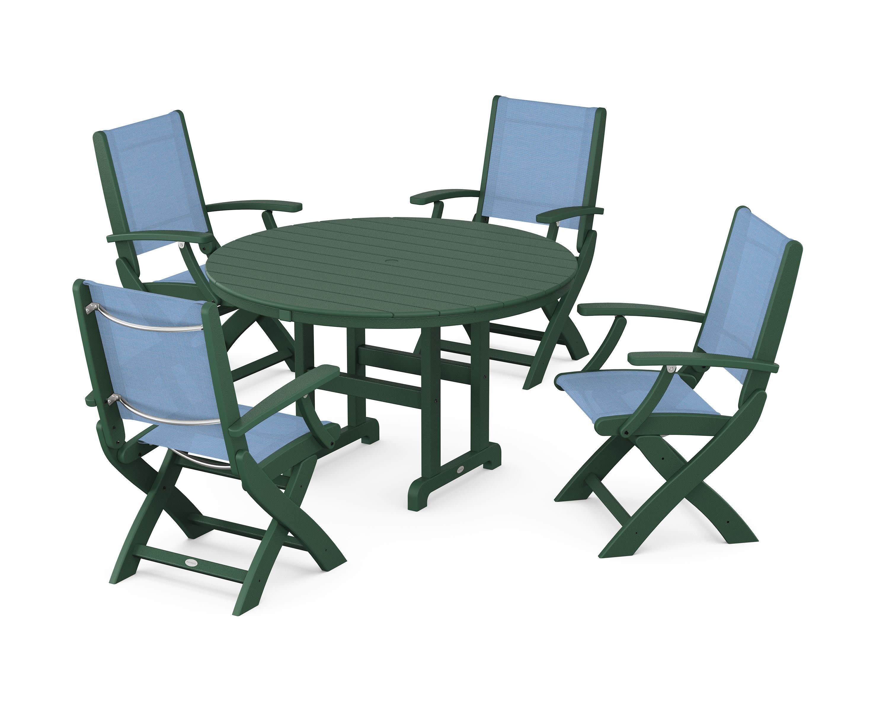 Coastal Folding Chair 5-Piece Round Dining Set in Green / Poolside Sling