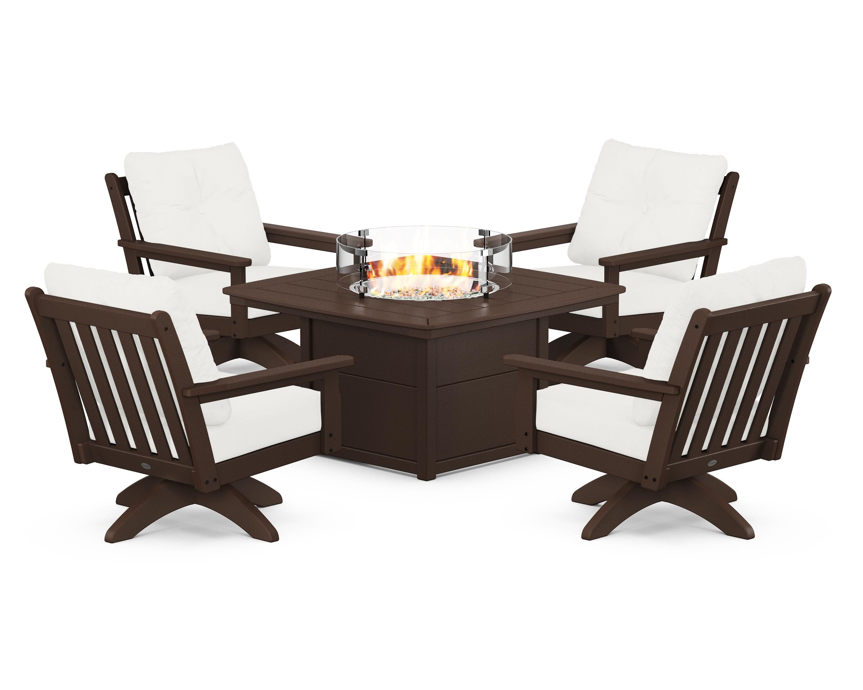 Vineyard 5-Piece Deep Seating Swivel Conversation Set with Fire Pit Table in Mahogany / Natural Linen