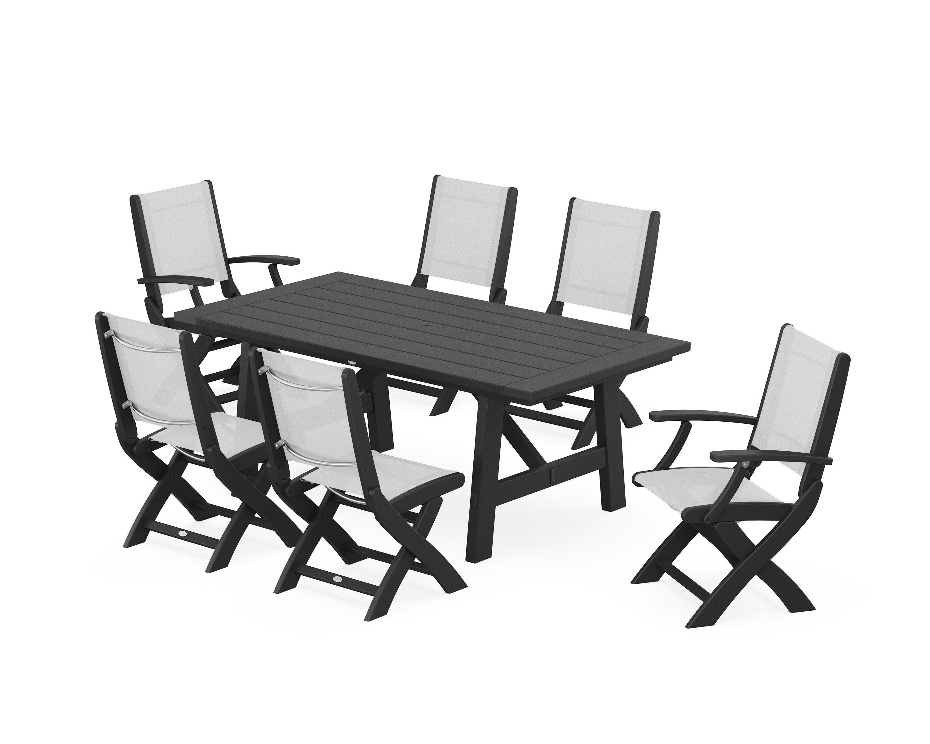 Coastal Folding Chair 7-Piece Rustic Farmhouse Dining Set in Black / White Sling