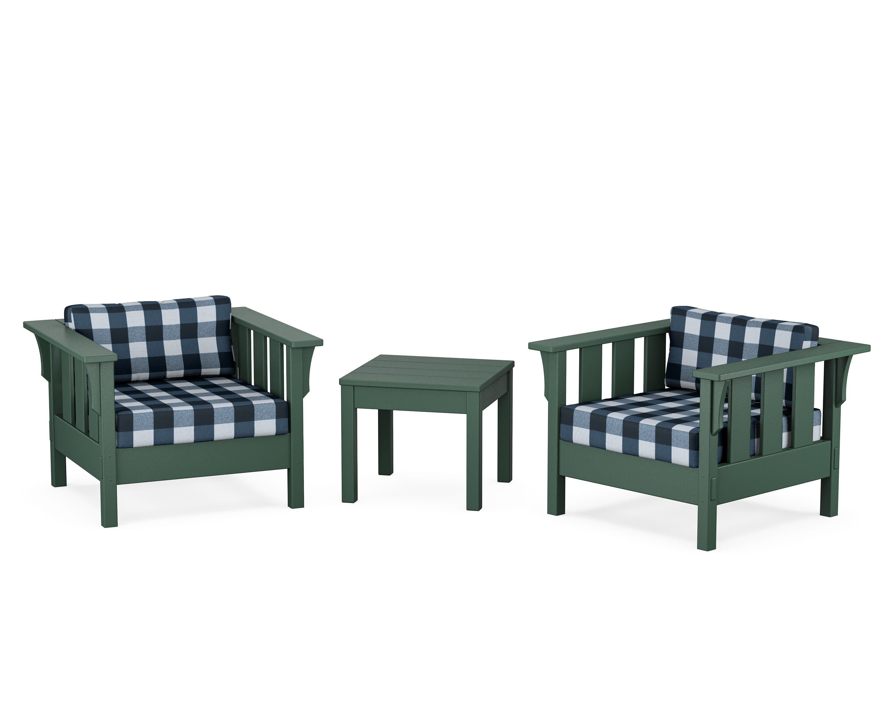 Acadia 3-Piece Deep Seating Set in Green / Buffalo Plaid Marine Indigo