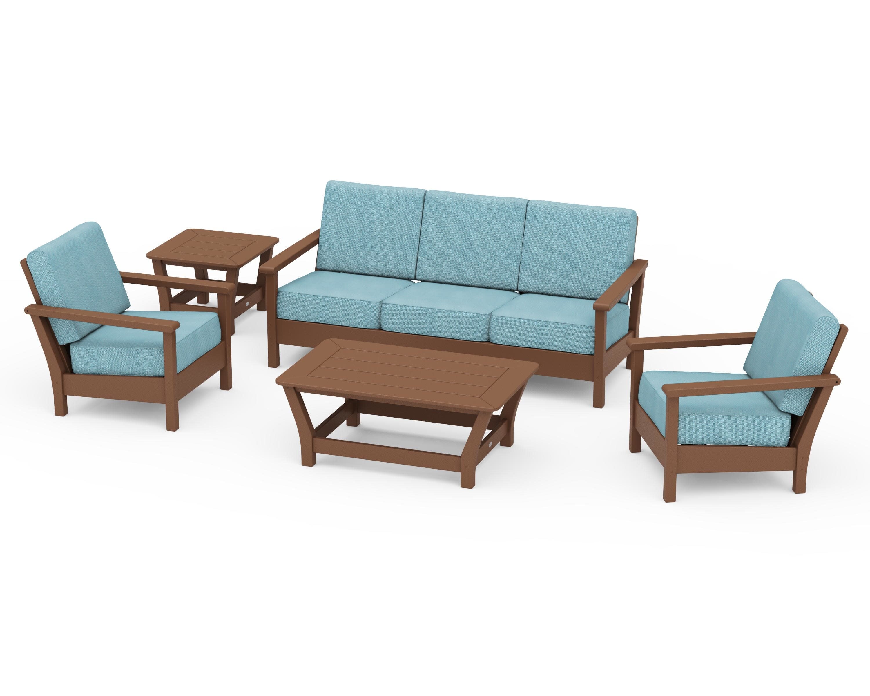 Harbour 5-Piece Deep Seating Set in Teak / Lattice Sky Blue