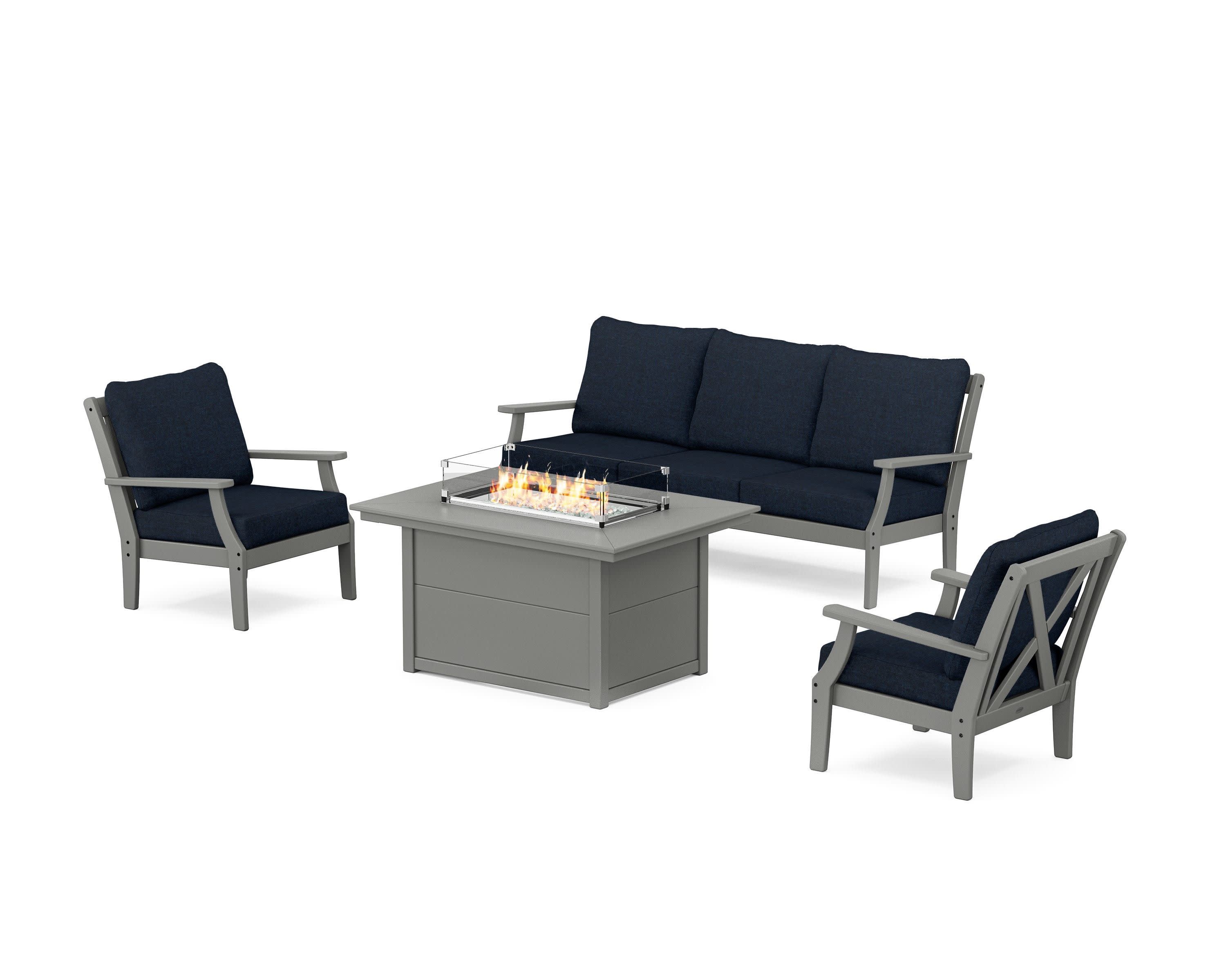 Braxton Deep Seating Fire Pit Table Set in Slate Grey / Marine Indigo