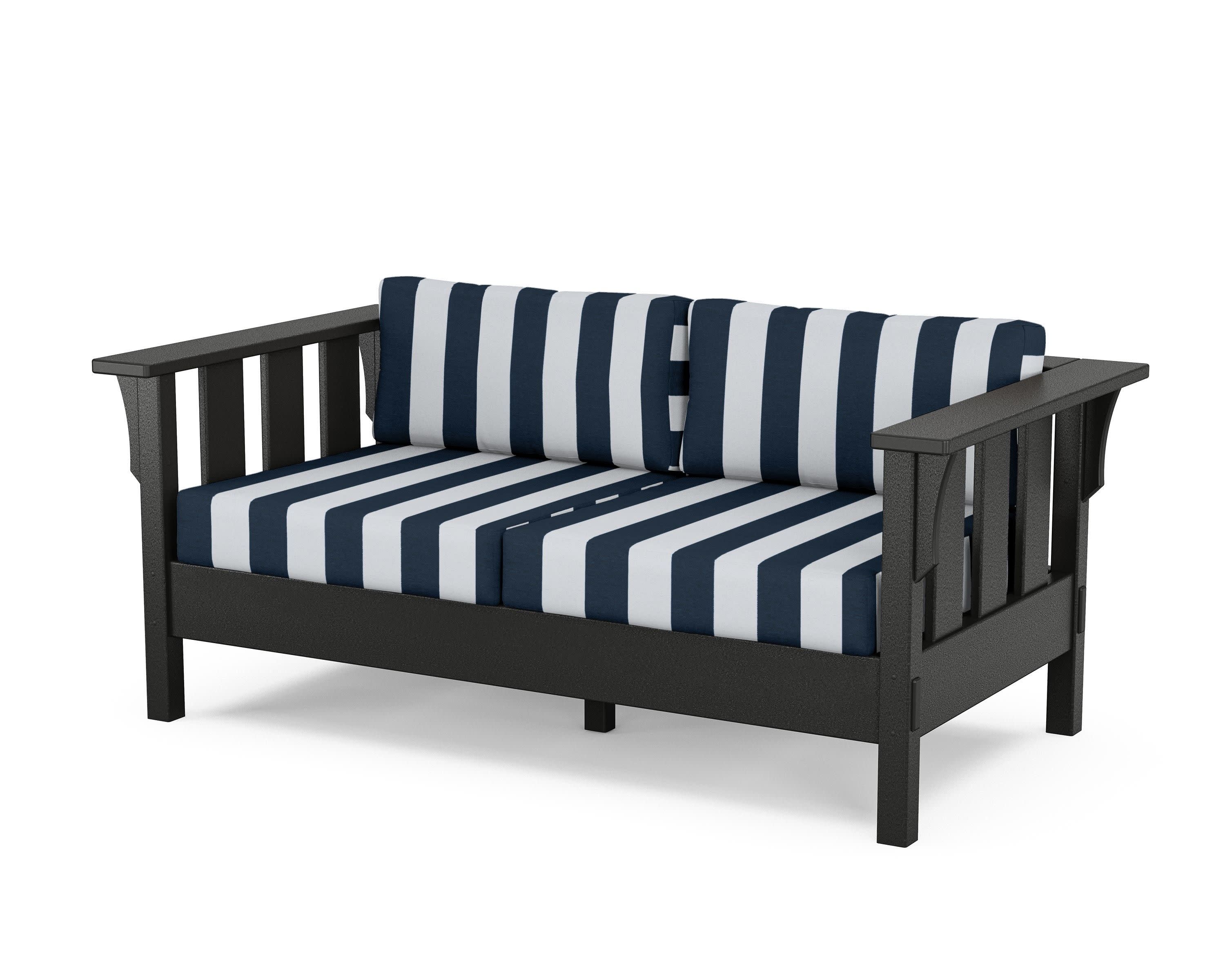 Acadia Deep Seating Loveseat in Black / Cabana Stripe Marine Indigo