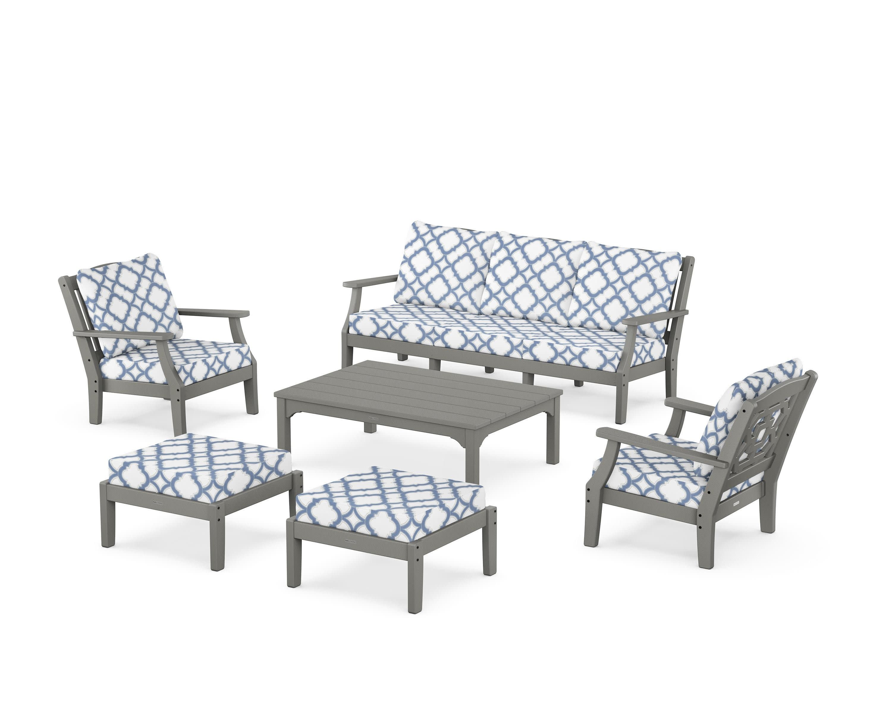 Chinoiserie 6-Piece Lounge Sofa Set in Slate Grey / Trellis Sky Blue