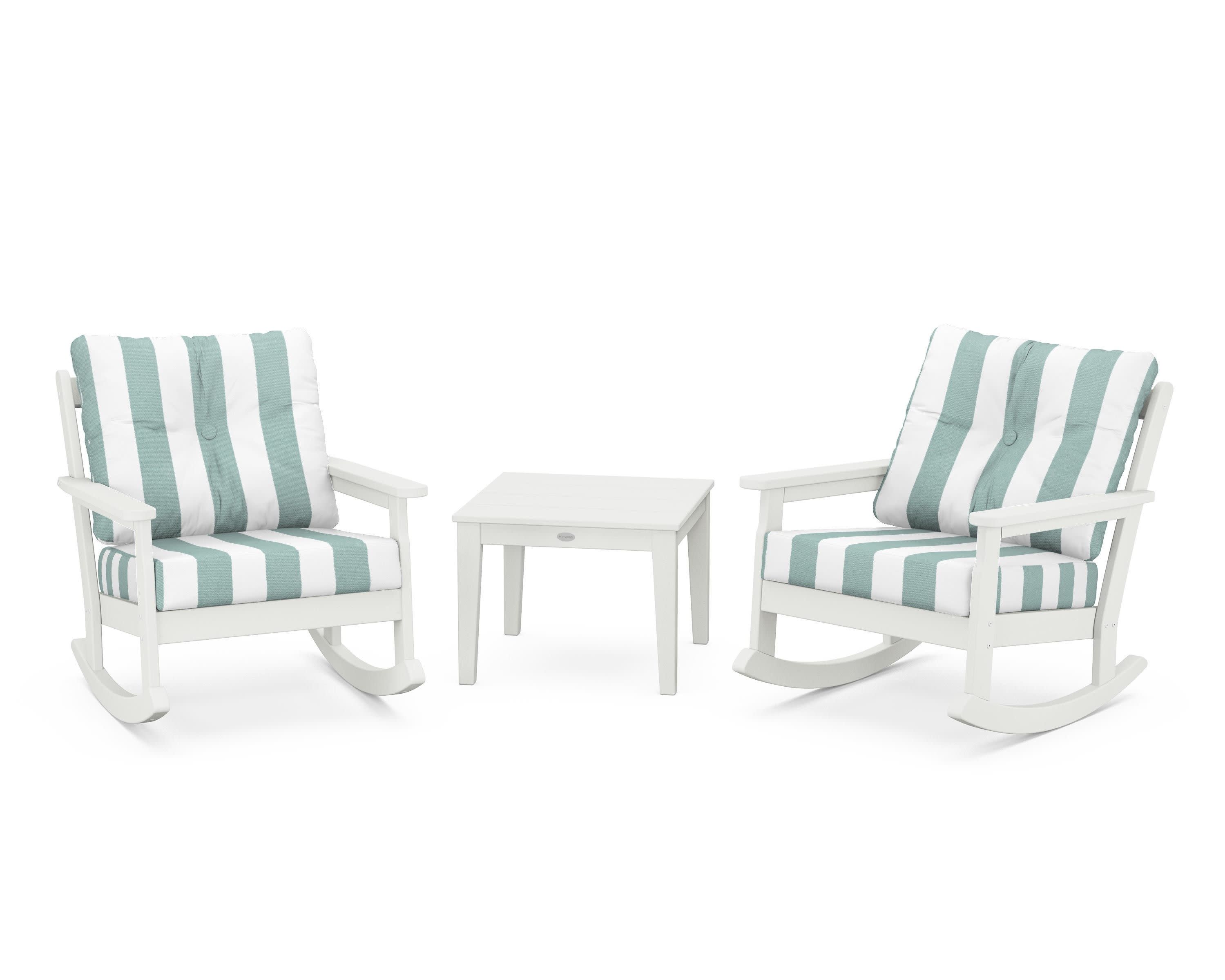 Vineyard 3-Piece Deep Seating Rocker Set in Vintage White / Cabana Stripe Glacier Spa