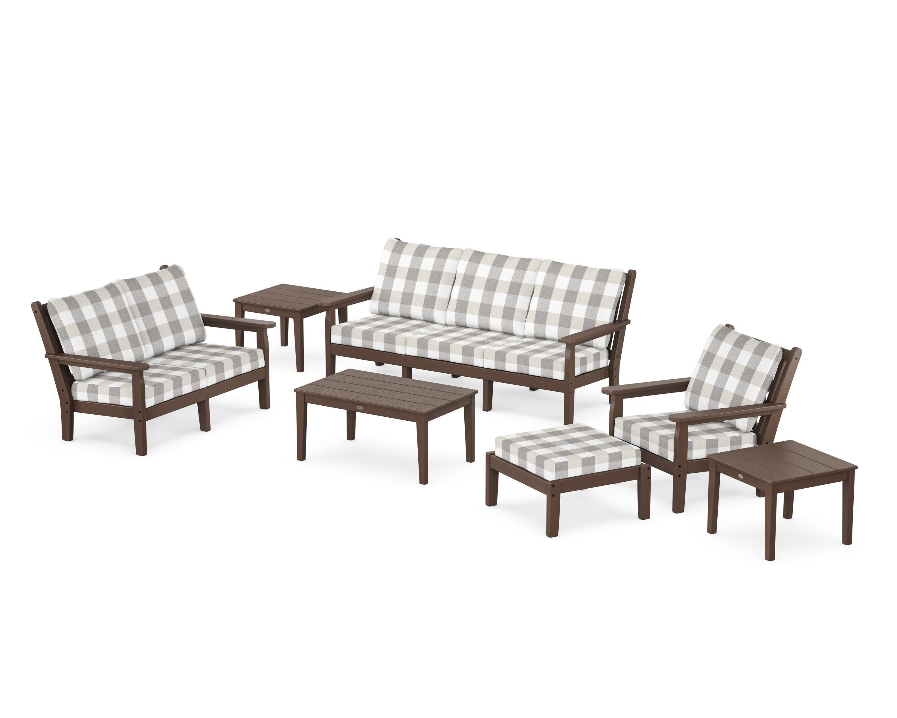 Chippendale 7-Piece Deep Seating Set in Mahogany / Buffalo Plaid Grey Mist