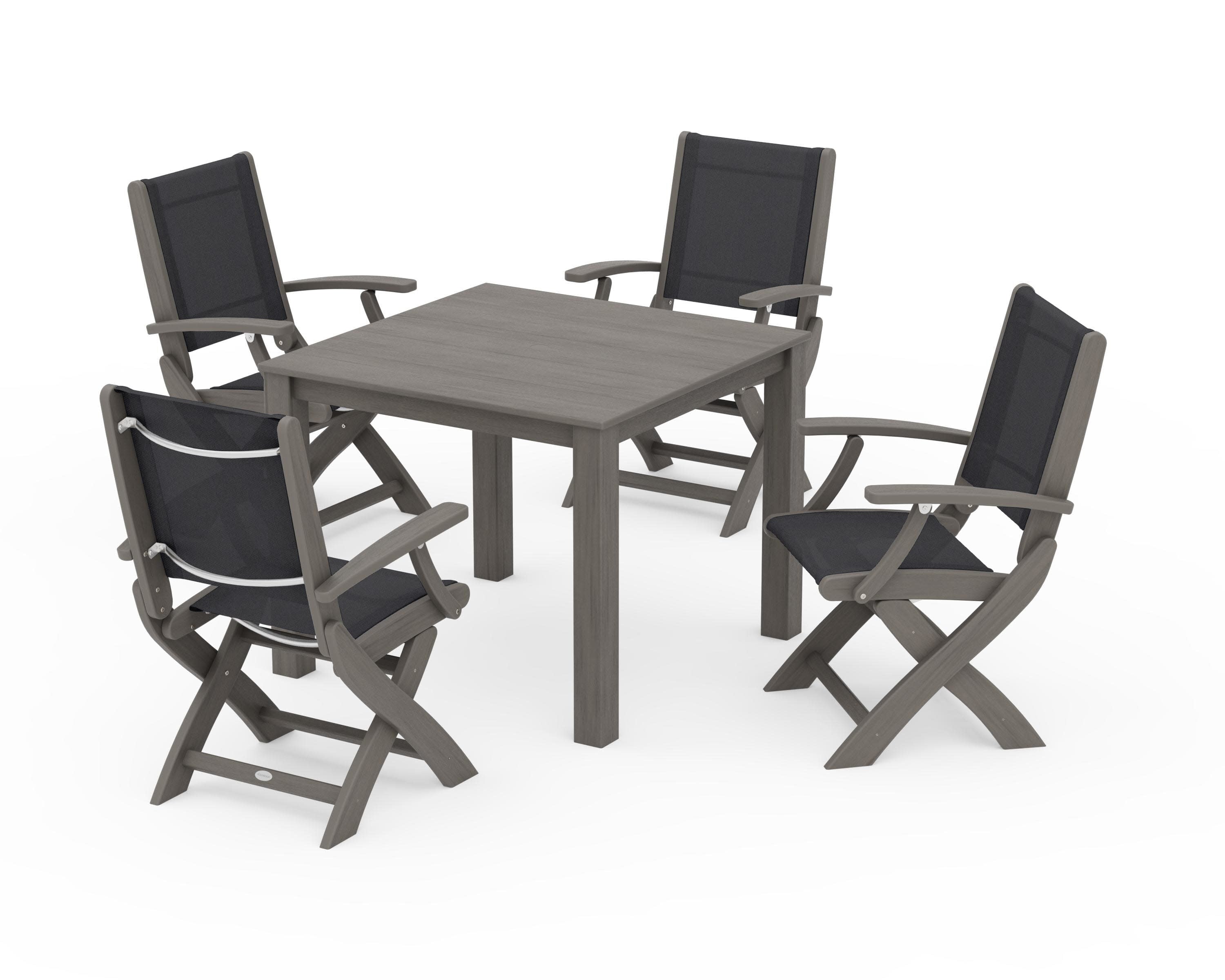 Coastal Folding Chair 5-Piece Parsons Dining Set in Driftwood / Black Sling