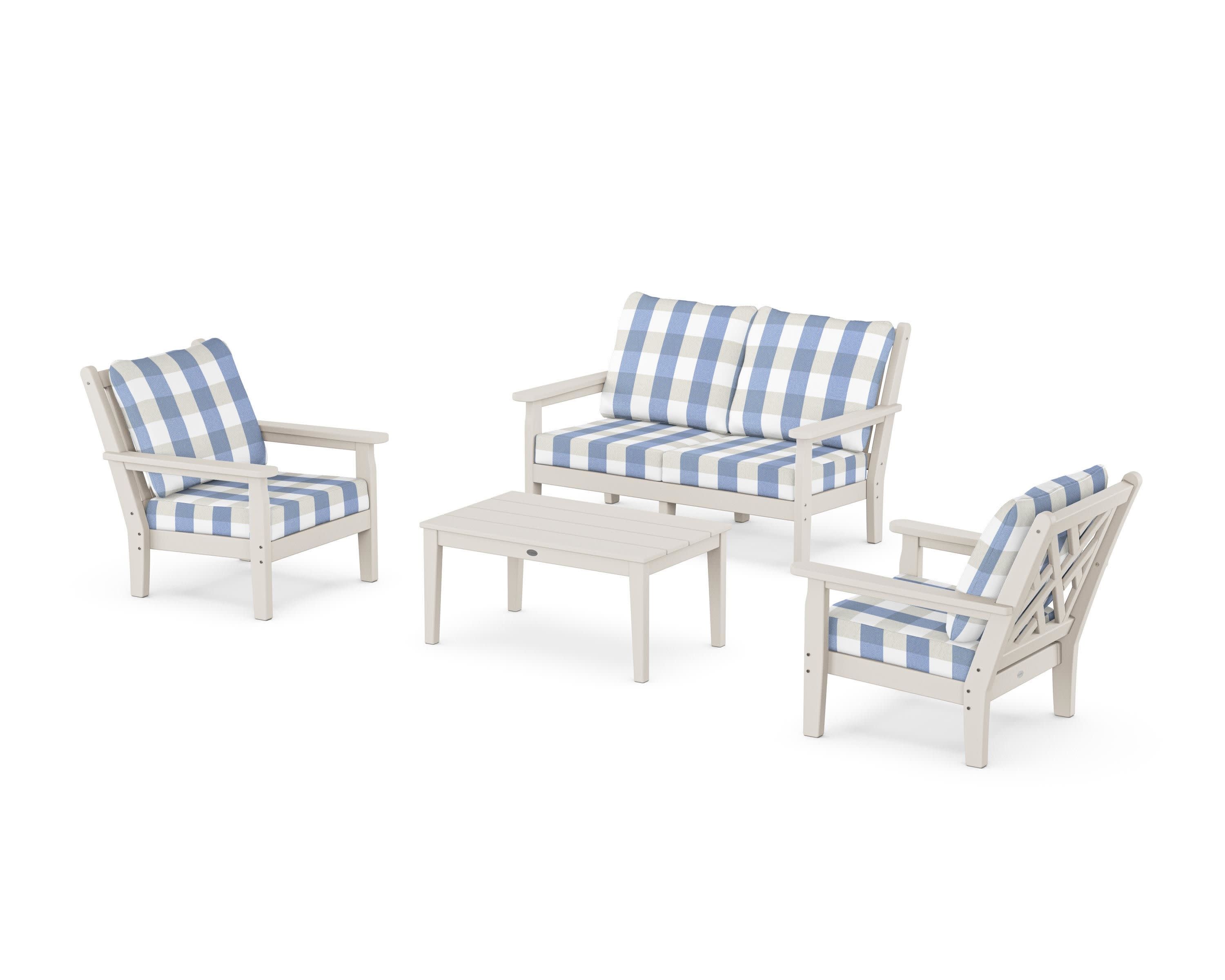 Chippendale 4-Piece Deep Seating Set with Loveseat in Sand / Buffalo Plaid Sky Blue