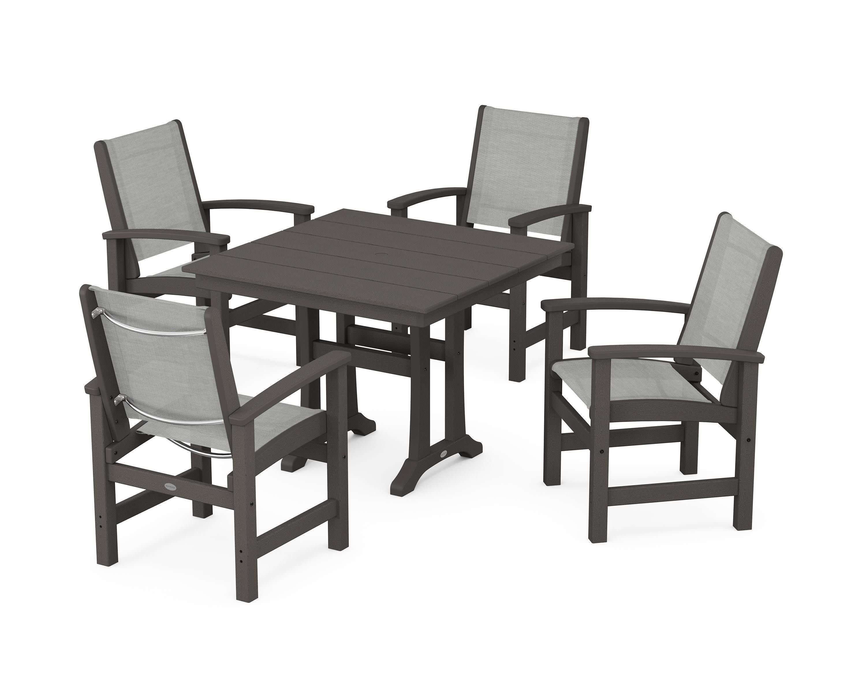 Coastal 5-Piece Farmhouse Dining Set With Trestle Legs in Vintage Coffee / Metallic Sling