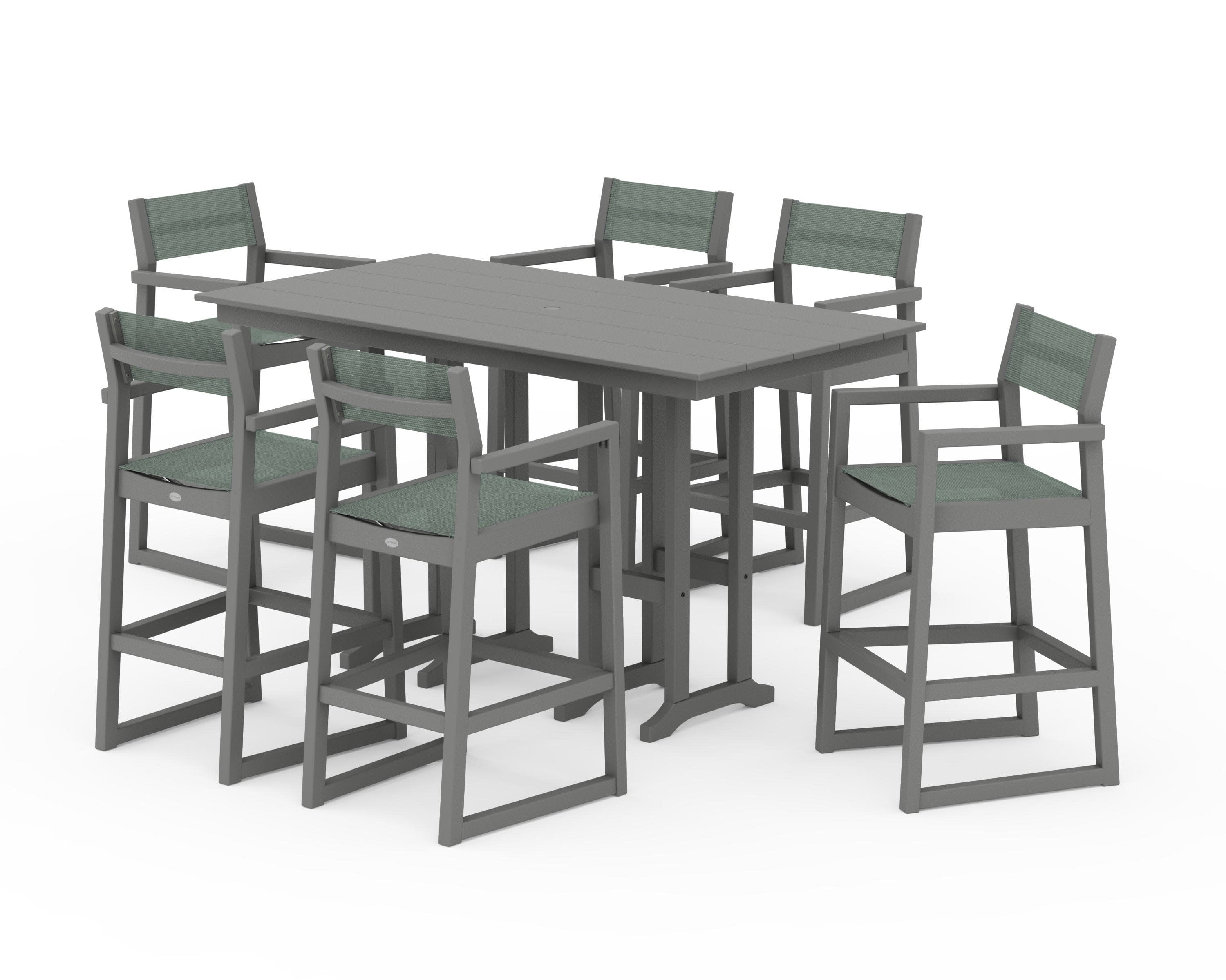 EDGE Sling Arm Chair 7-Piece Farmhouse Bar Set in Slate Grey / Dupioni Sea Mist Sling