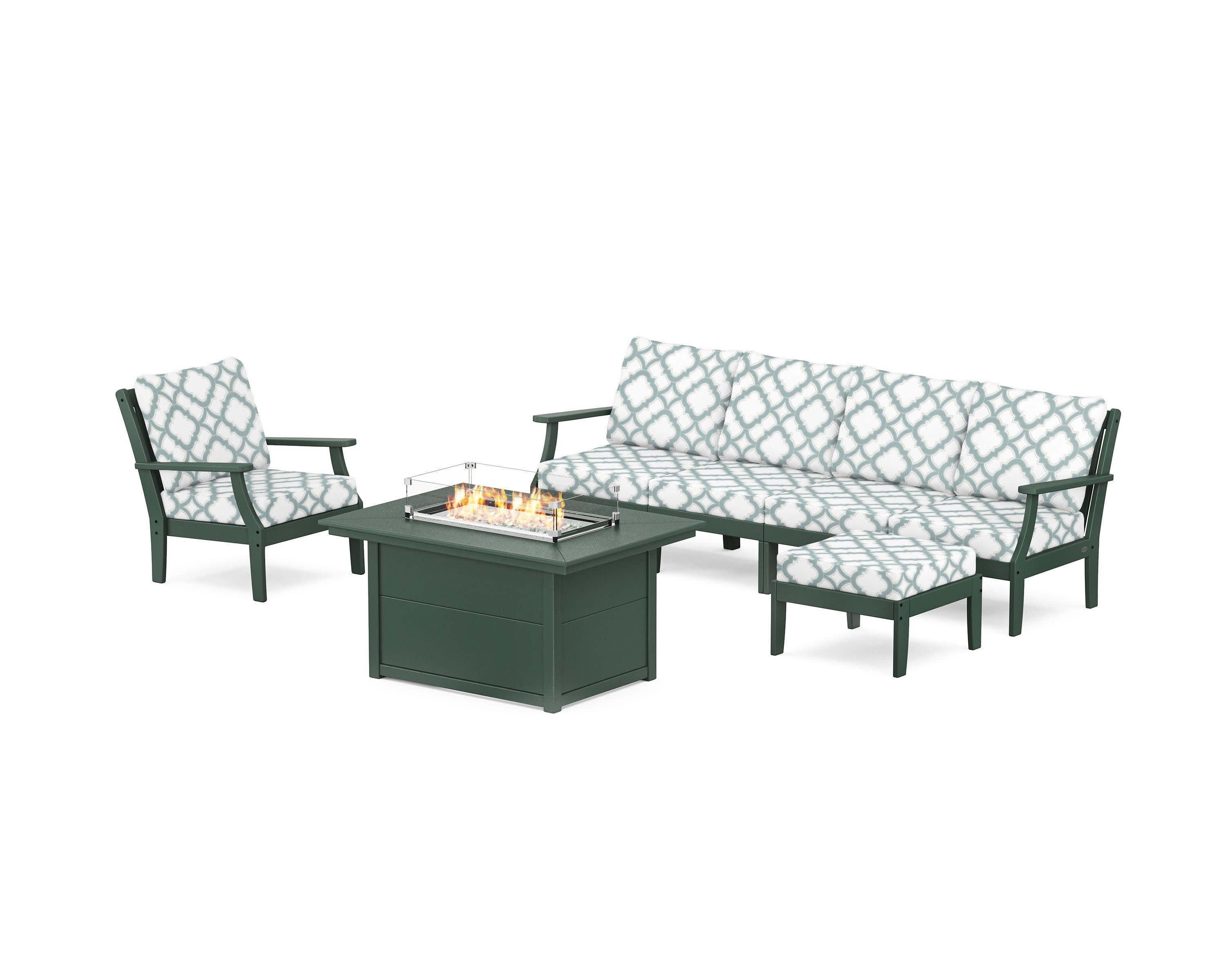 Braxton Sectional Lounge and Fire Pit Set in Green / Trellis Glacier Spa
