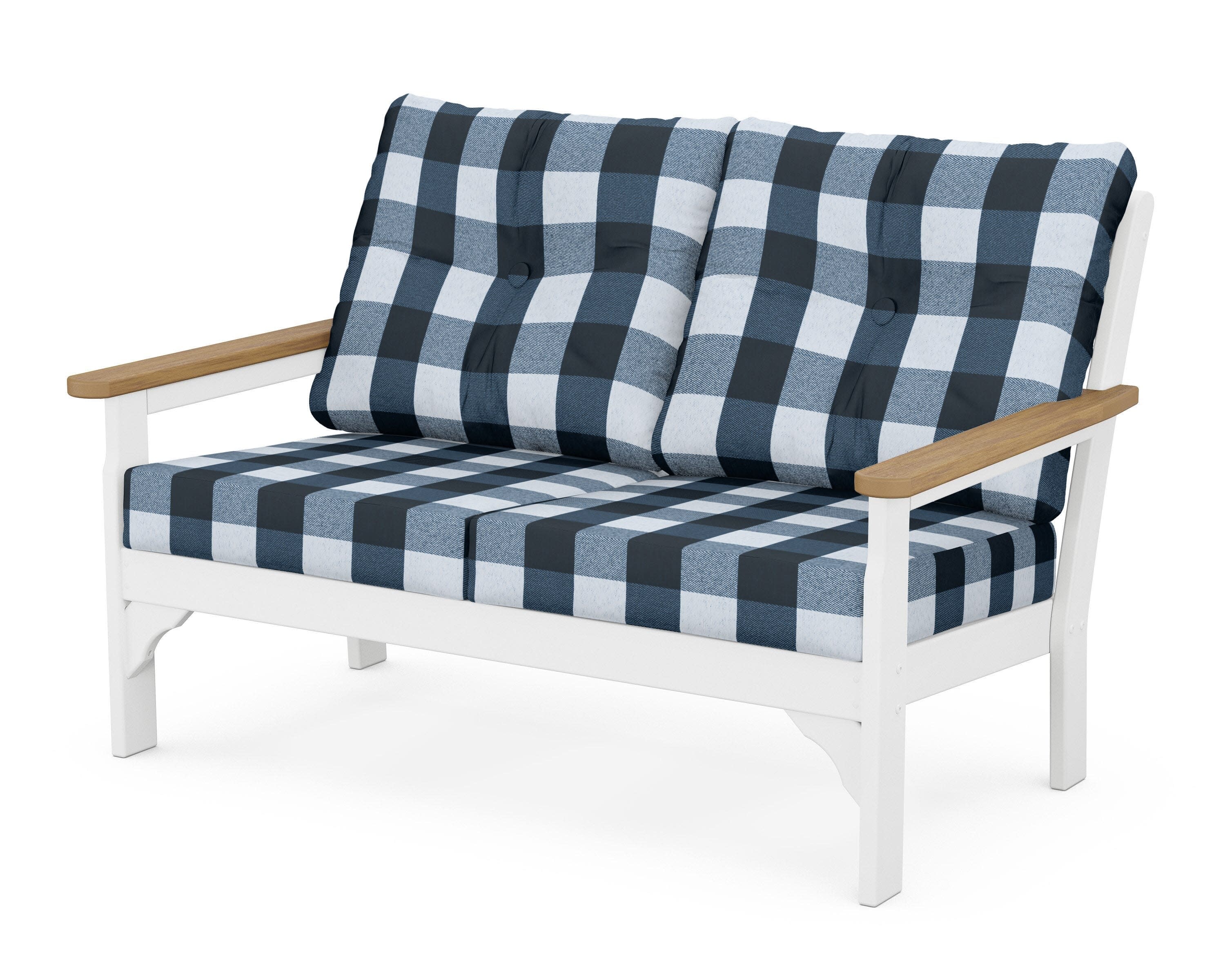 Vineyard Deep Seating Loveseat in White / Natural / Buffalo Plaid Marine Indigo