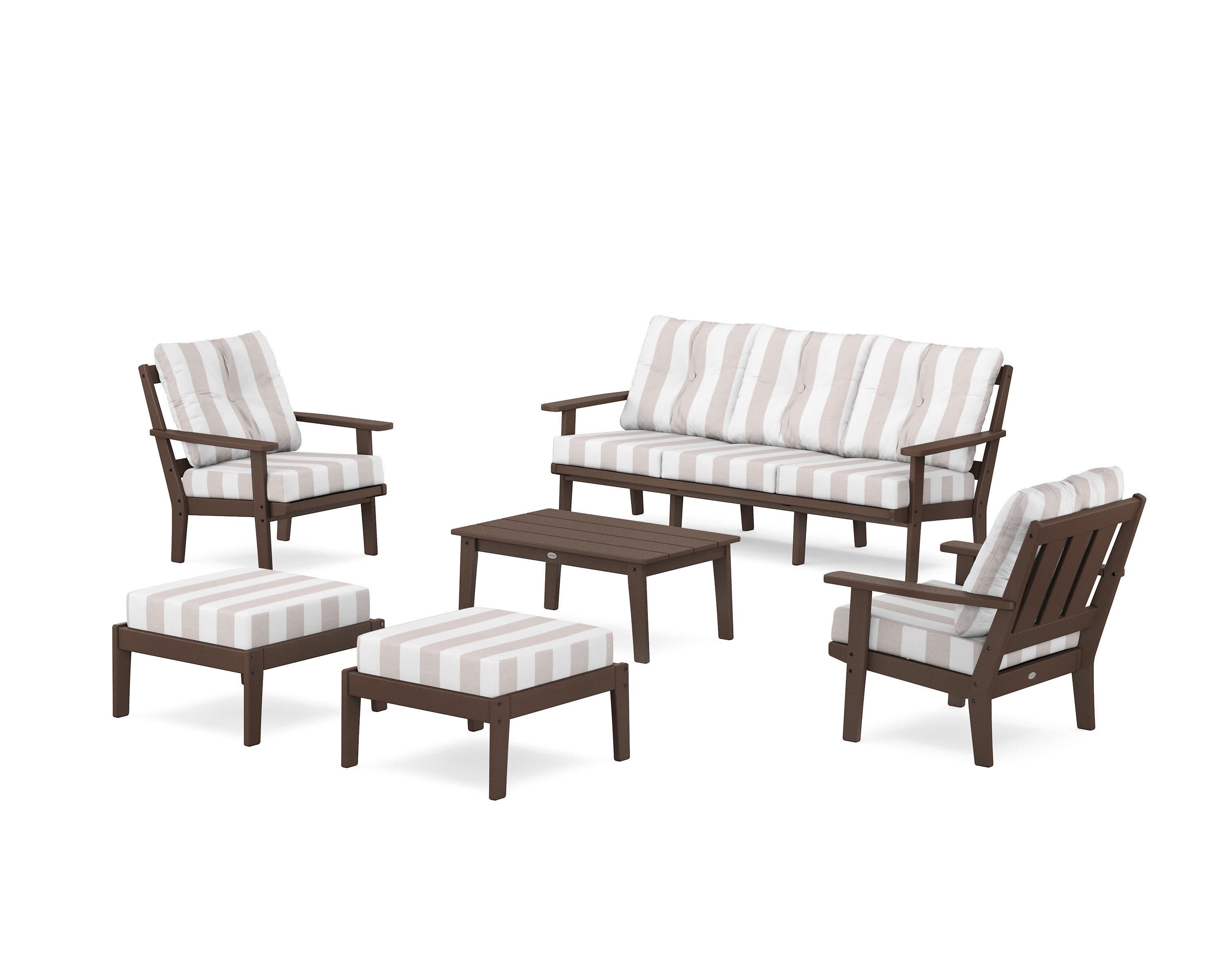 Oxford 6-Piece Lounge Sofa Set in Mahogany / Cabana Stripe Dune Burlap