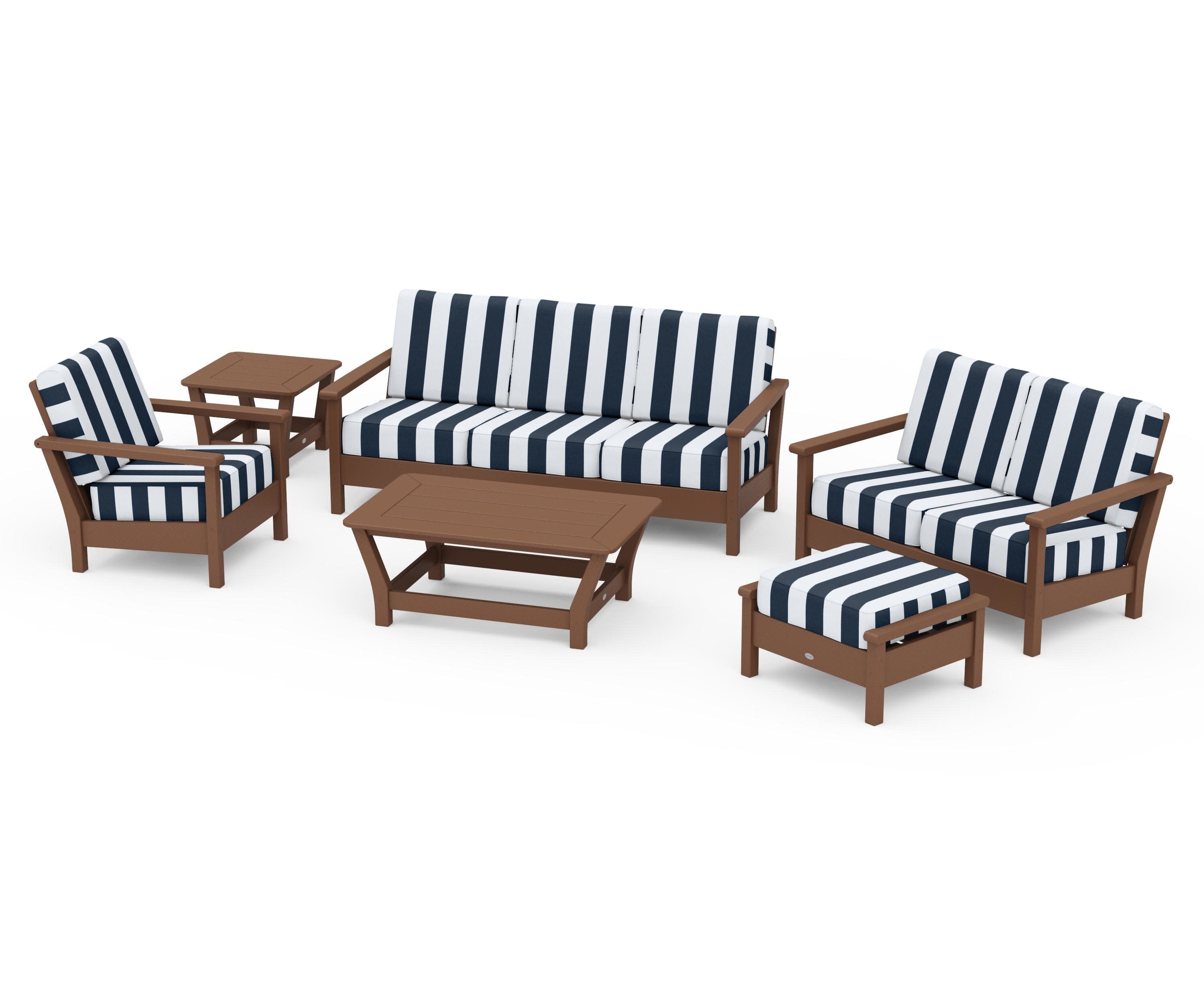 Harbour 6-Piece Outdoor Living Set in Teak / Cabana Stripe Marine Indigo