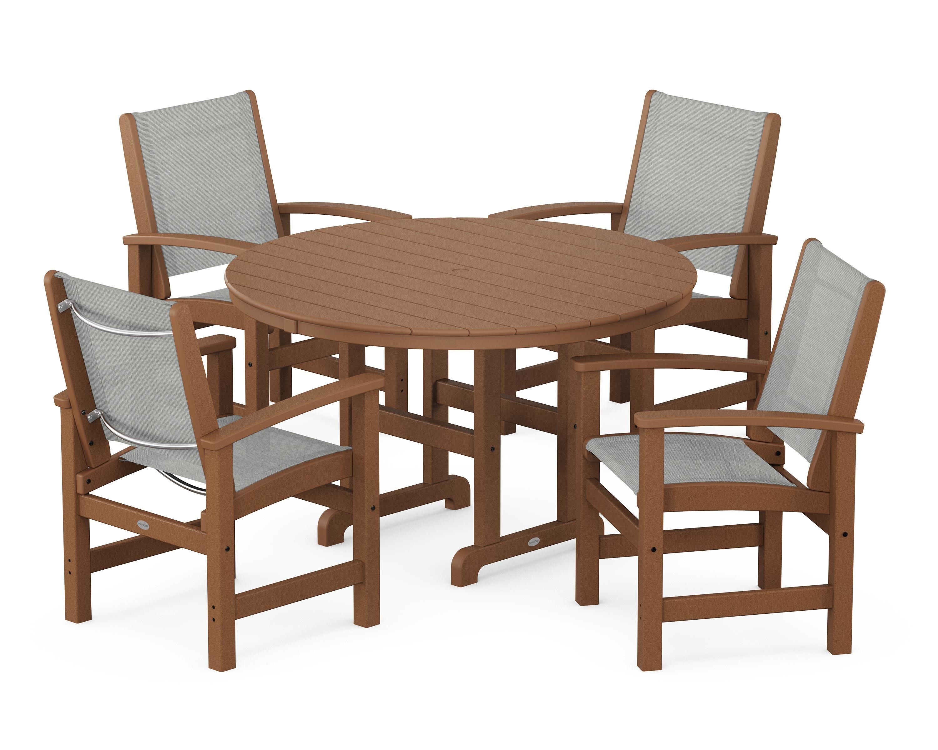 Coastal 5-Piece Round Farmhouse Dining Set in Teak / Metallic Sling
