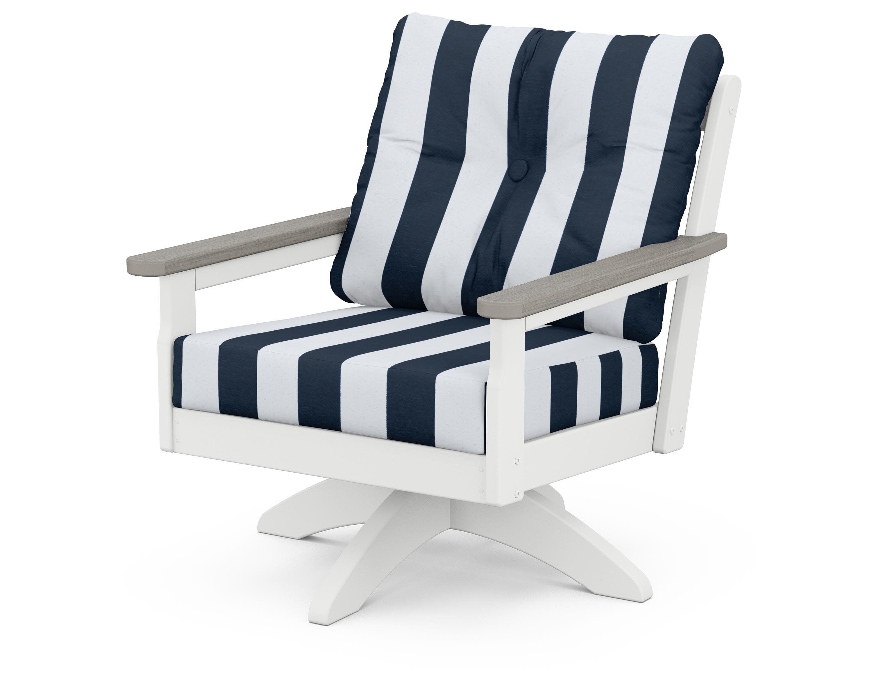 Vineyard Deep Seating Swivel Chair in White / Driftwood / Cabana Stripe Marine Indigo