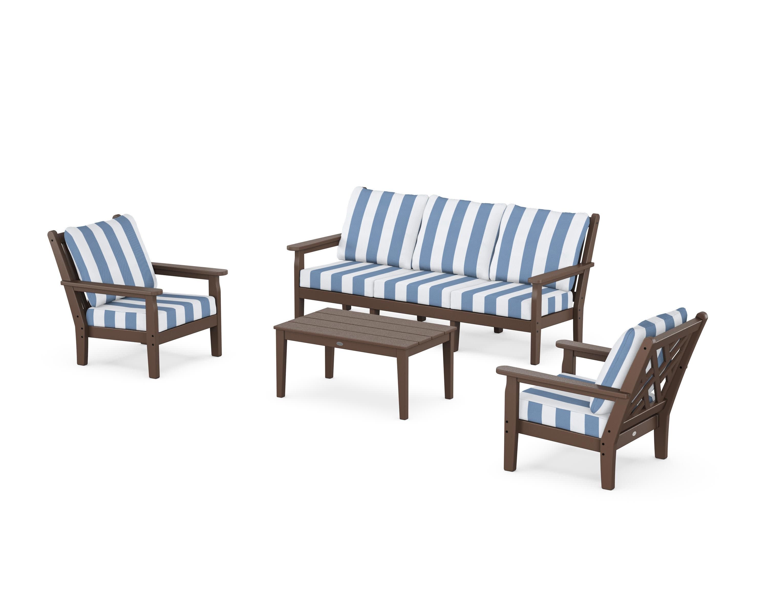 Chippendale 4-Piece Deep Seating Set with Sofa in Mahogany / Cabana Stripe Sky Blue