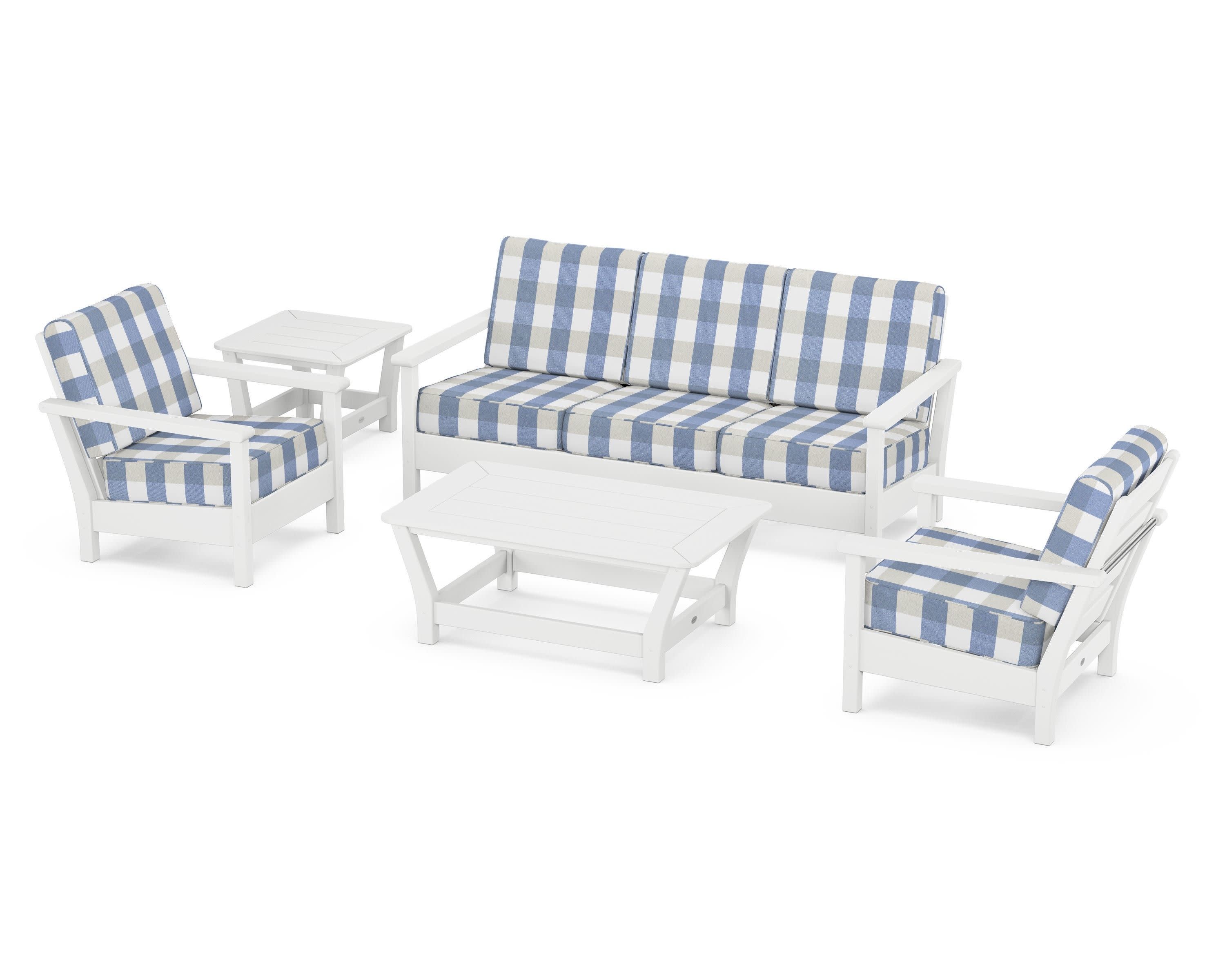 Harbour 5-Piece Deep Seating Set in White / Buffalo Plaid Sky Blue