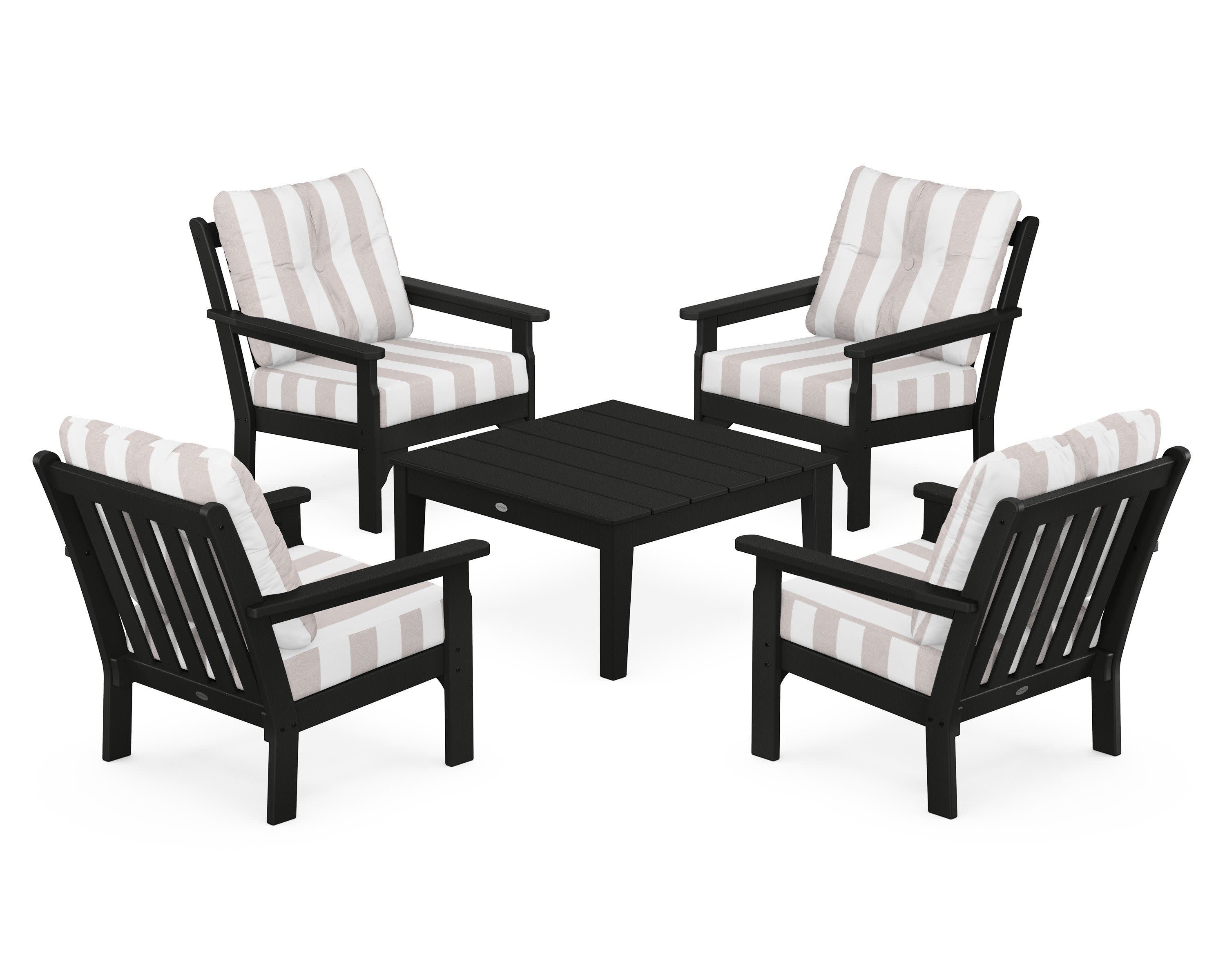 Vineyard 5-Piece Deep Seating Conversation Set in Black / Cabana Stripe Dune Burlap