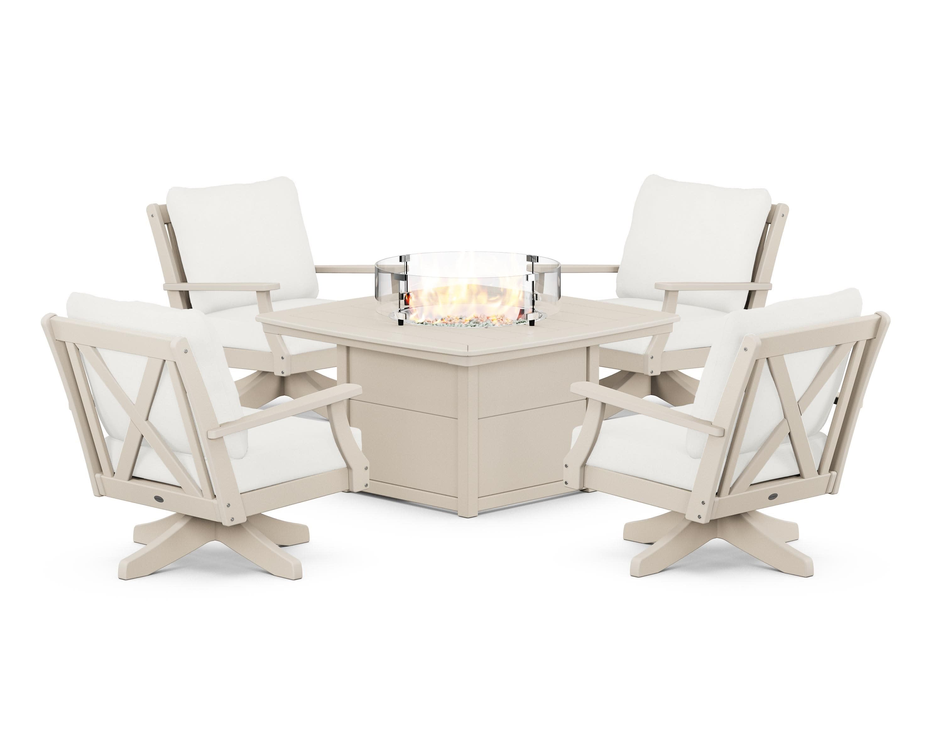 Braxton 5-Piece Deep Seating Swivel Conversation Set with Fire Pit Table in Sand / Natural Linen