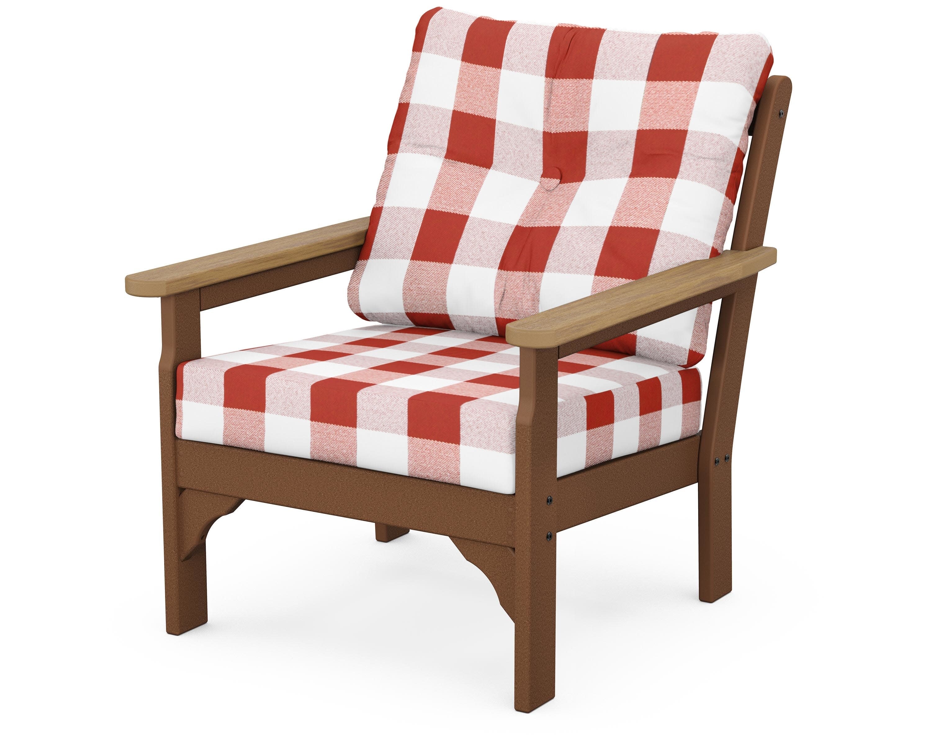 Vineyard Deep Seating Chair in Teak / Natural / Buffalo Plaid Crimson