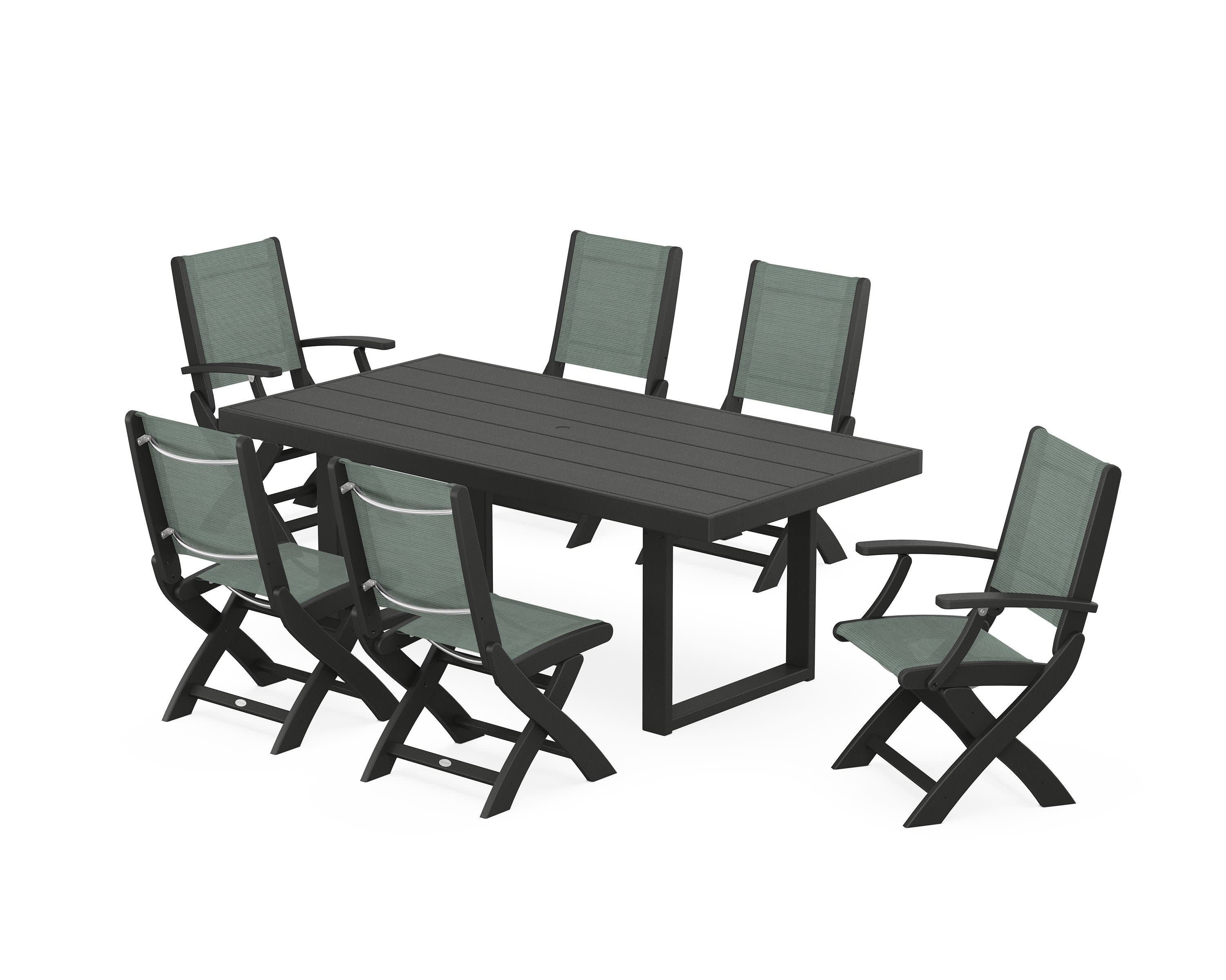 Coastal Folding Chair 7-Piece Dining Set with Trestle Legs in Black / Dupioni Sea Mist Sling