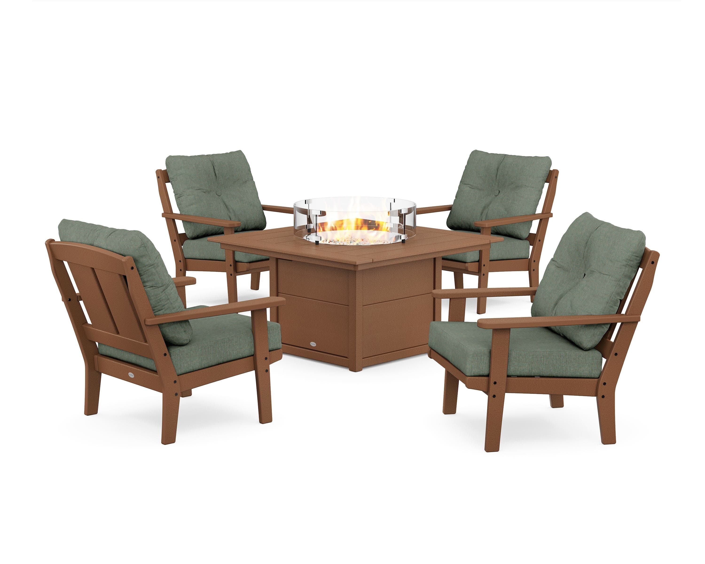 Mission 5-Piece Deep Seating Set with Fire Pit Table in Teak / Cast Sage