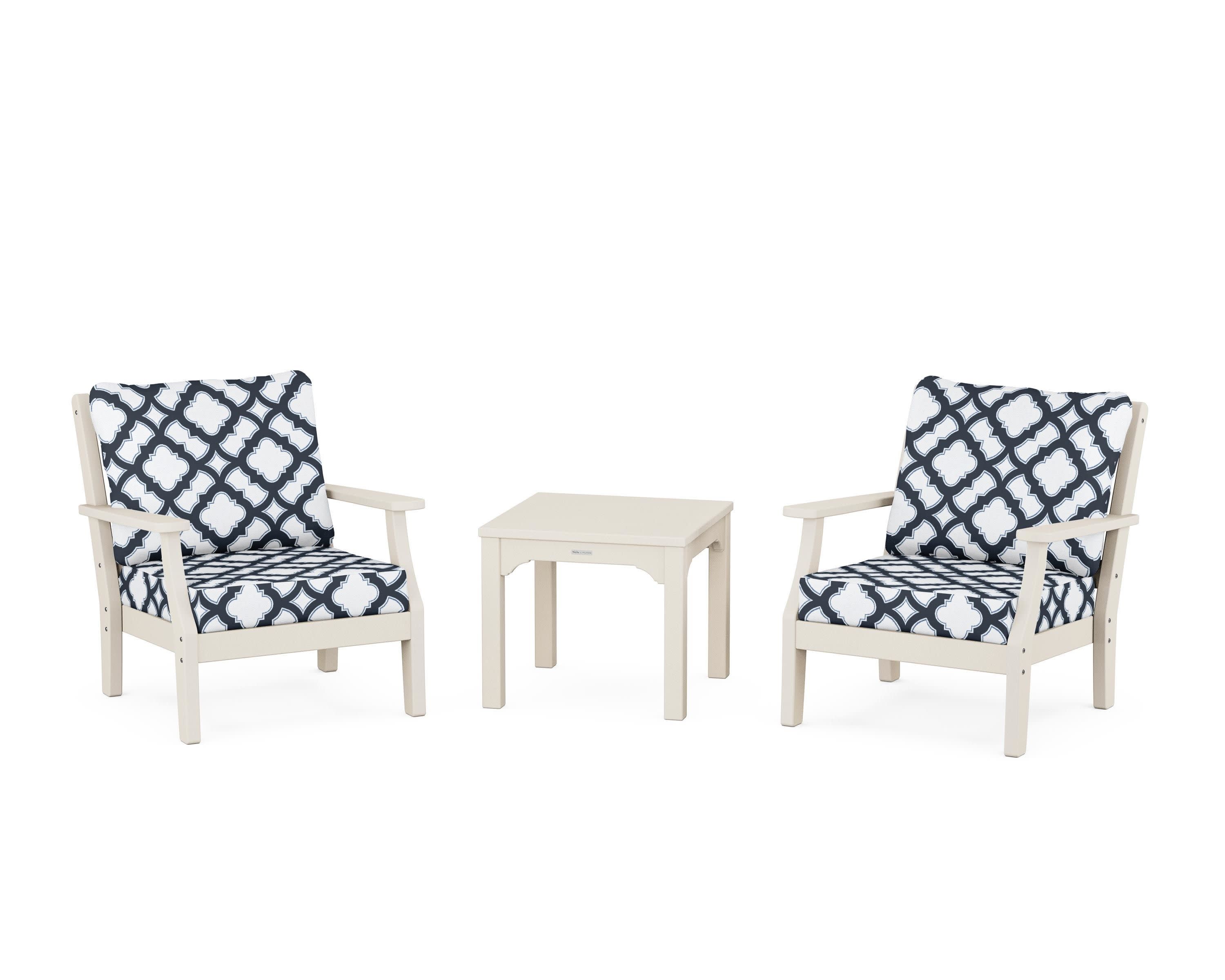 Chinoiserie 3-Piece Deep Seating Set in Sand / Trellis Marine Indigo