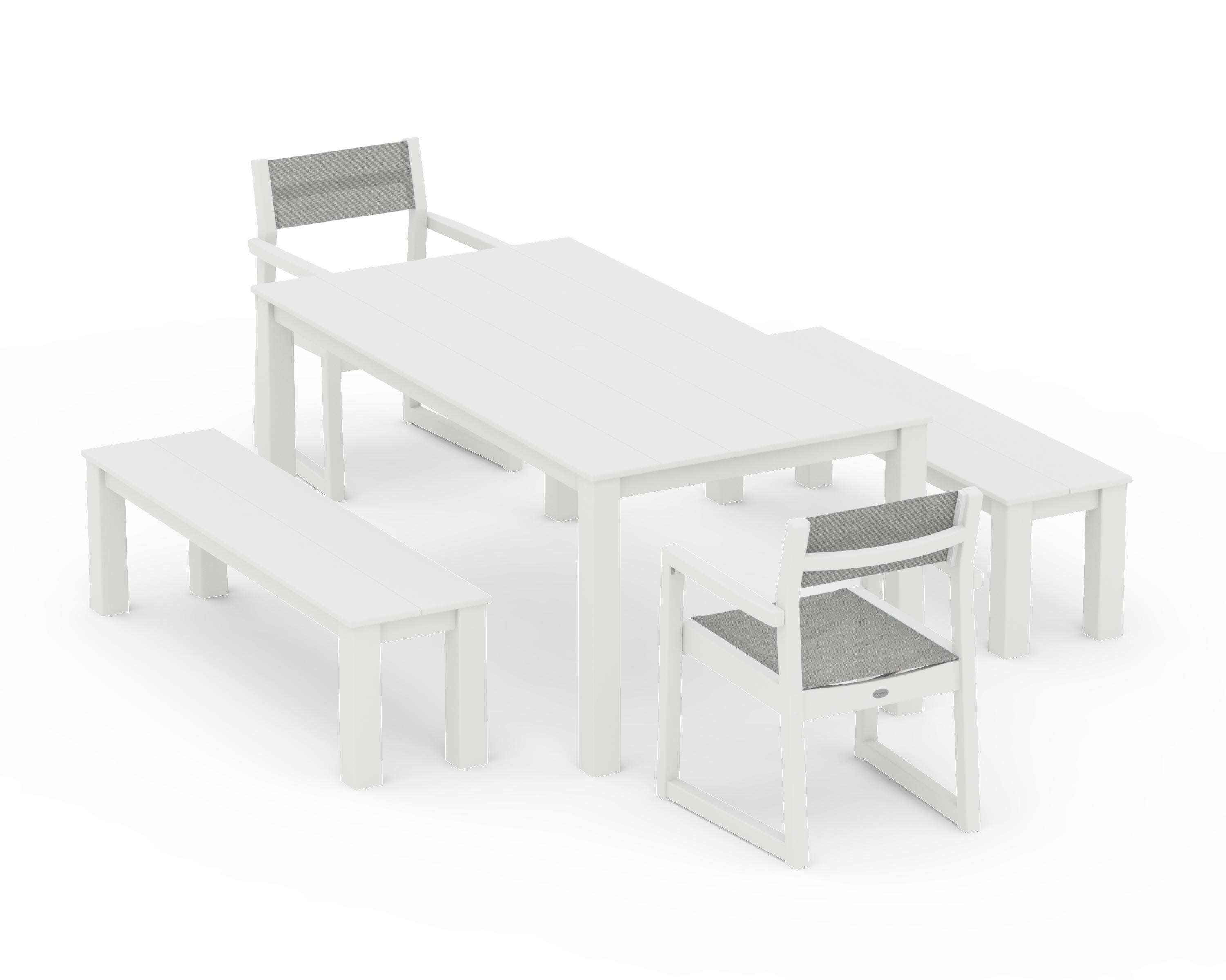 EDGE Sling Arm Chair 5-Piece Parsons Dining Set with Benches in White / Metallic Sling