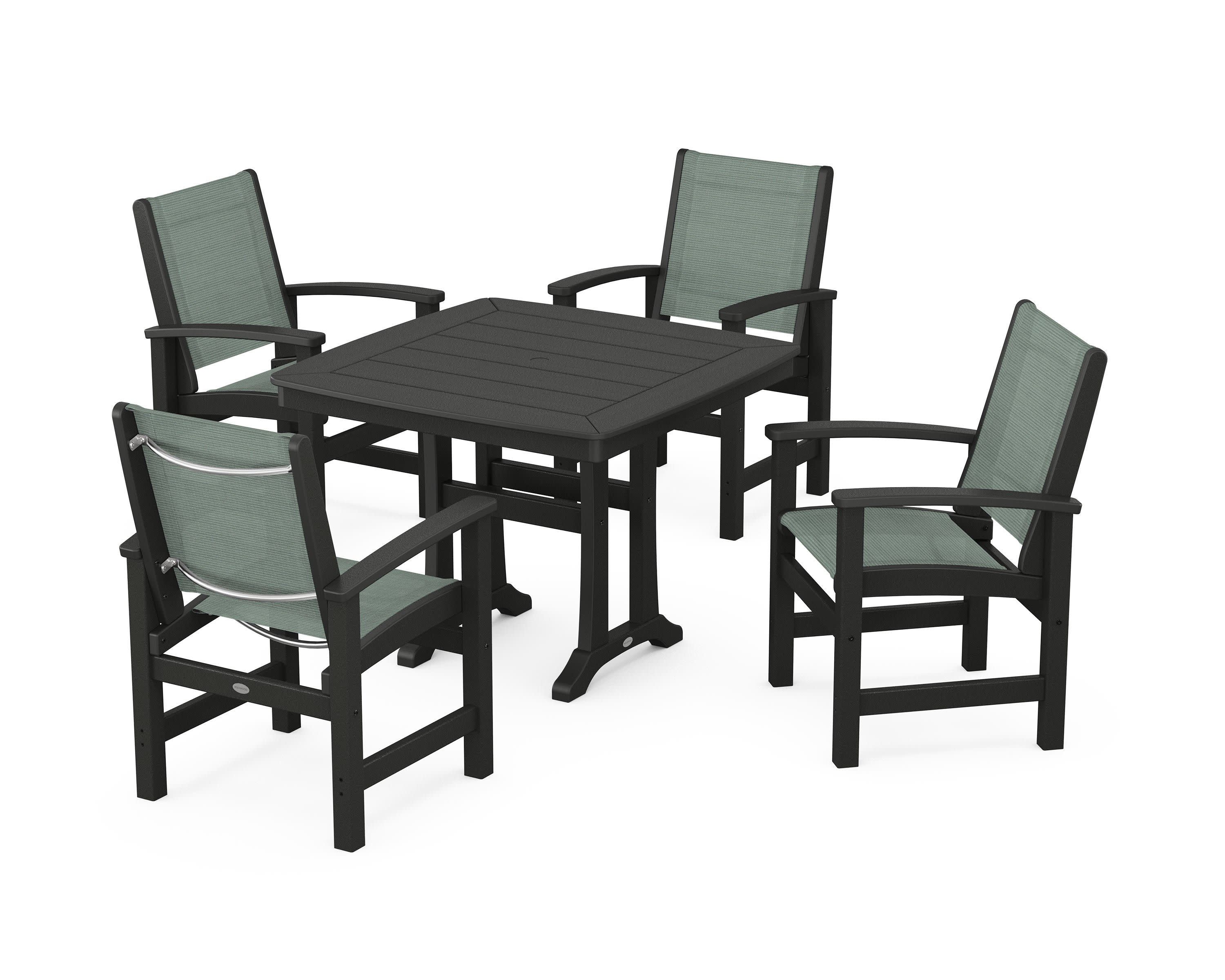 Coastal 5-Piece Dining Set with Trestle Legs in Black / Dupioni Sea Mist Sling
