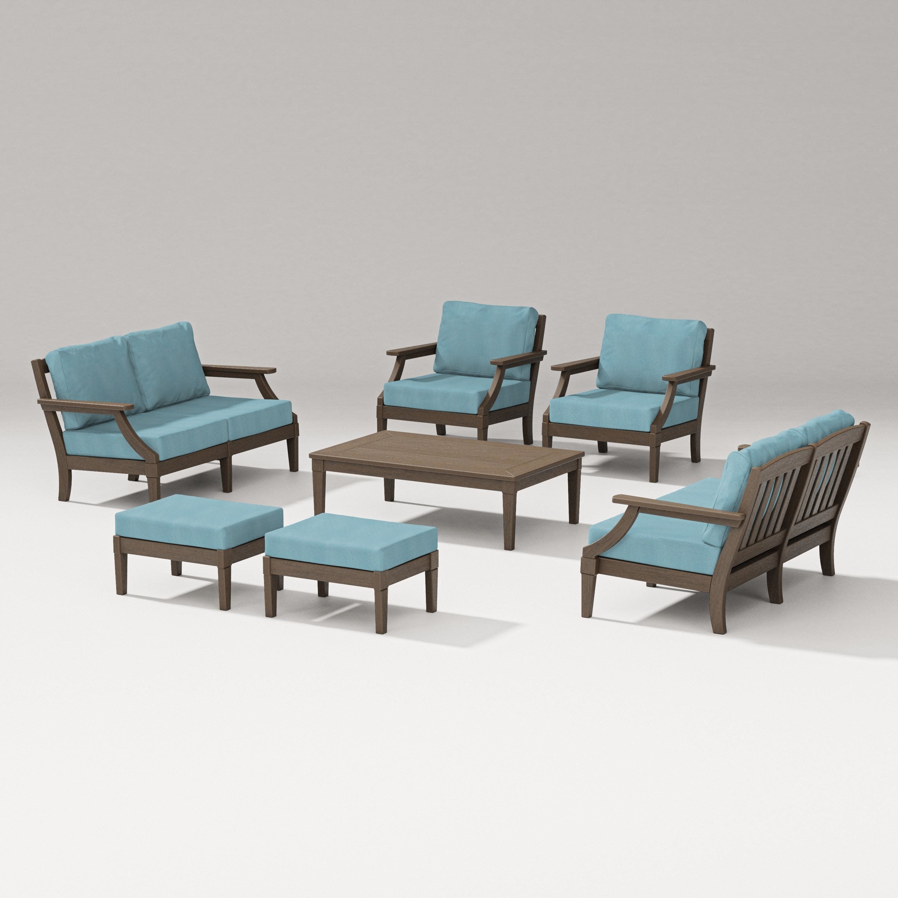 Estate 7-Piece Lounge Loveseat Set in Kona / Lattice Sky Blue