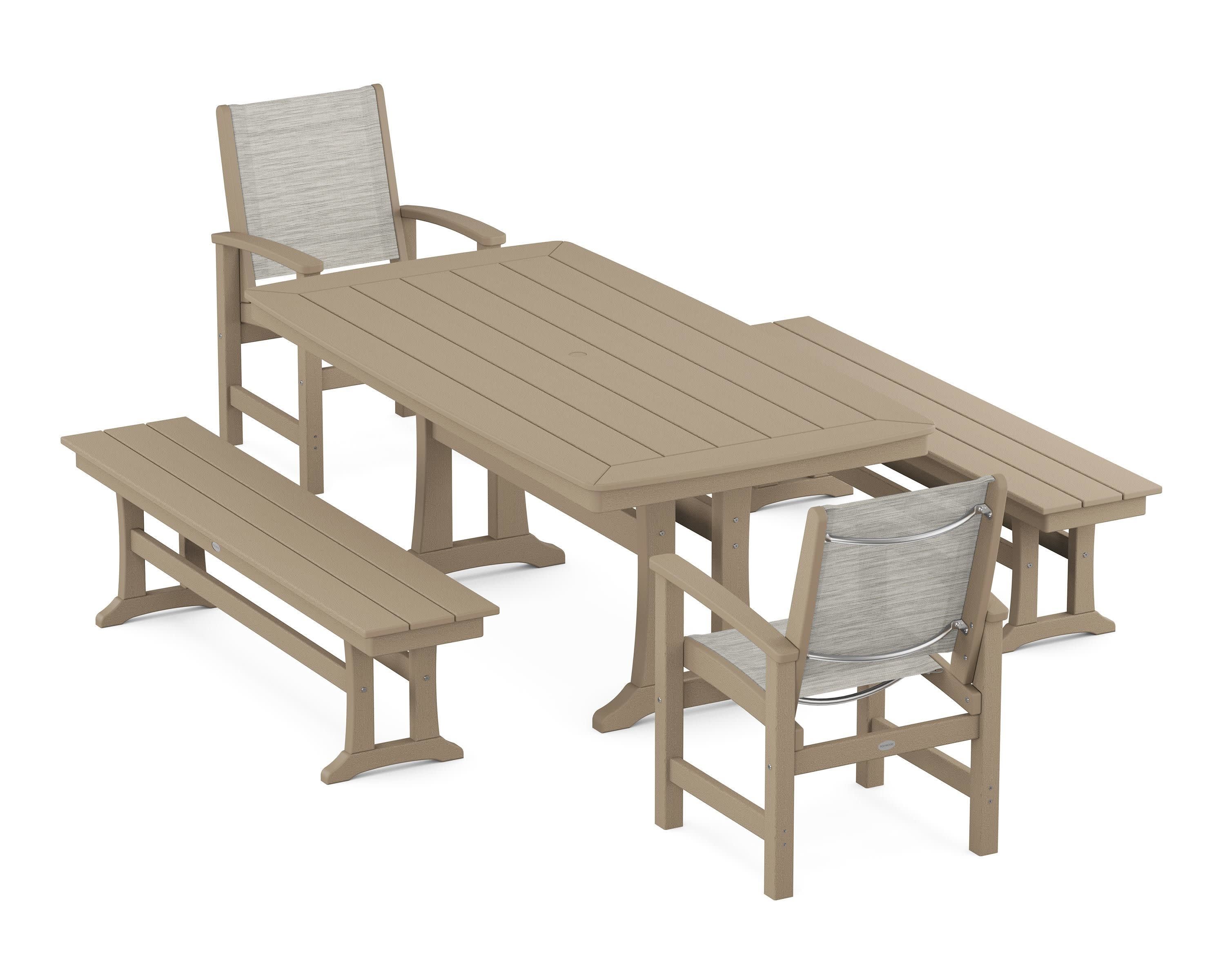 Coastal 5-Piece Dining Set with Trestle Legs and Benches in Vintage Sahara / Birch Sling