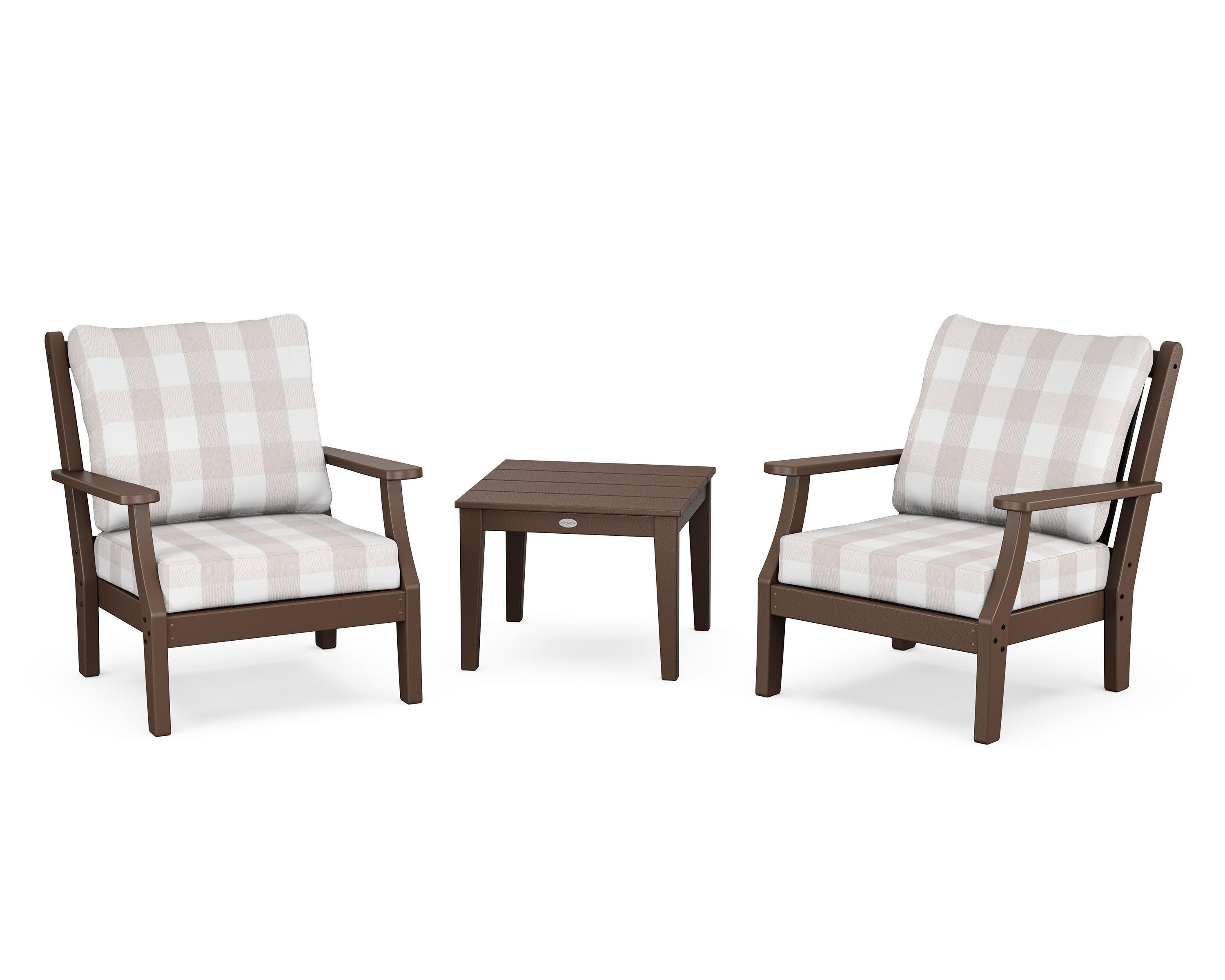 Wovendale 3-Piece Deep Seating Set in Mahogany / Buffalo Plaid Dune Burlap