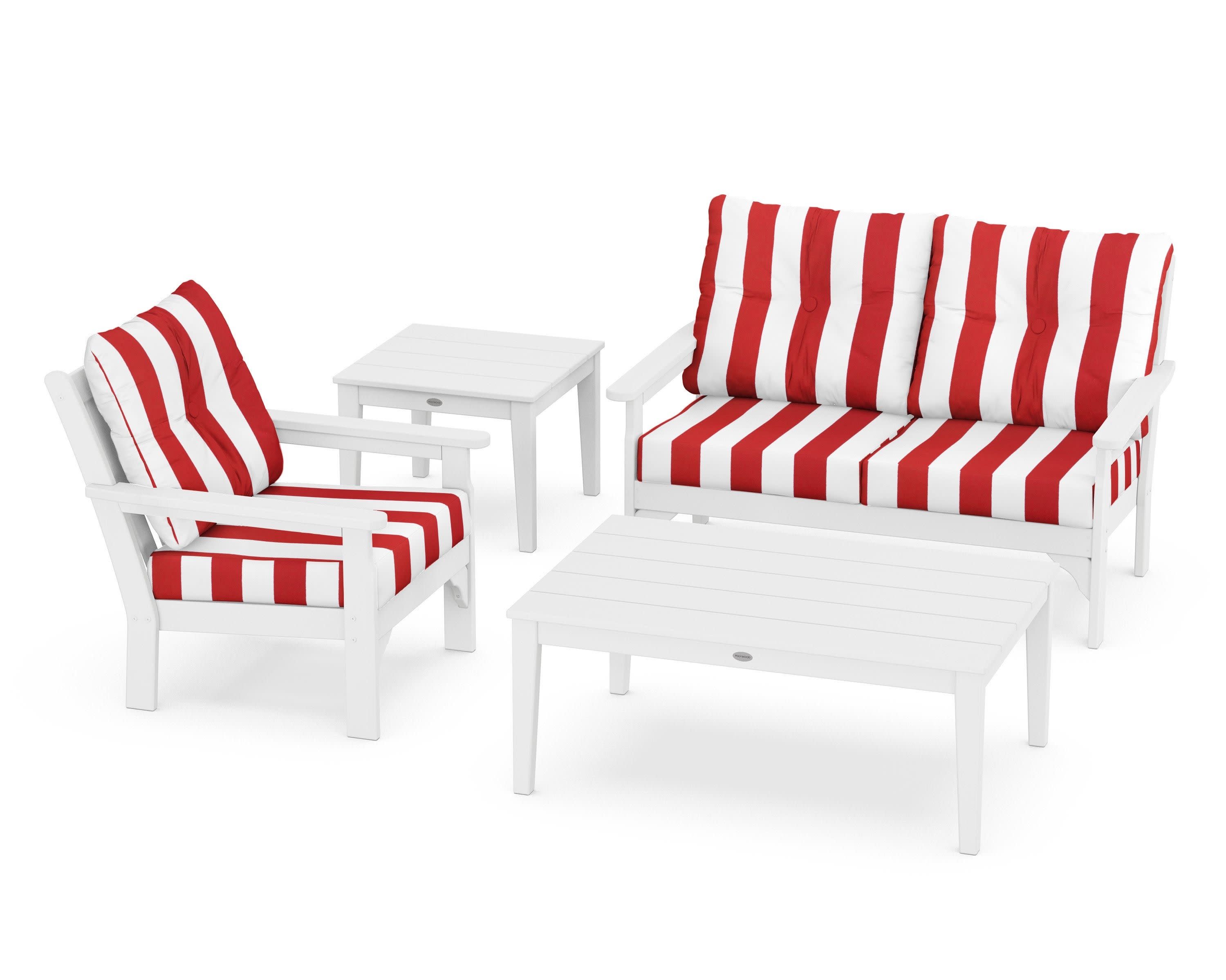 Vineyard 4-Piece Deep Seating Set in White / Cabana Stripe Crimson