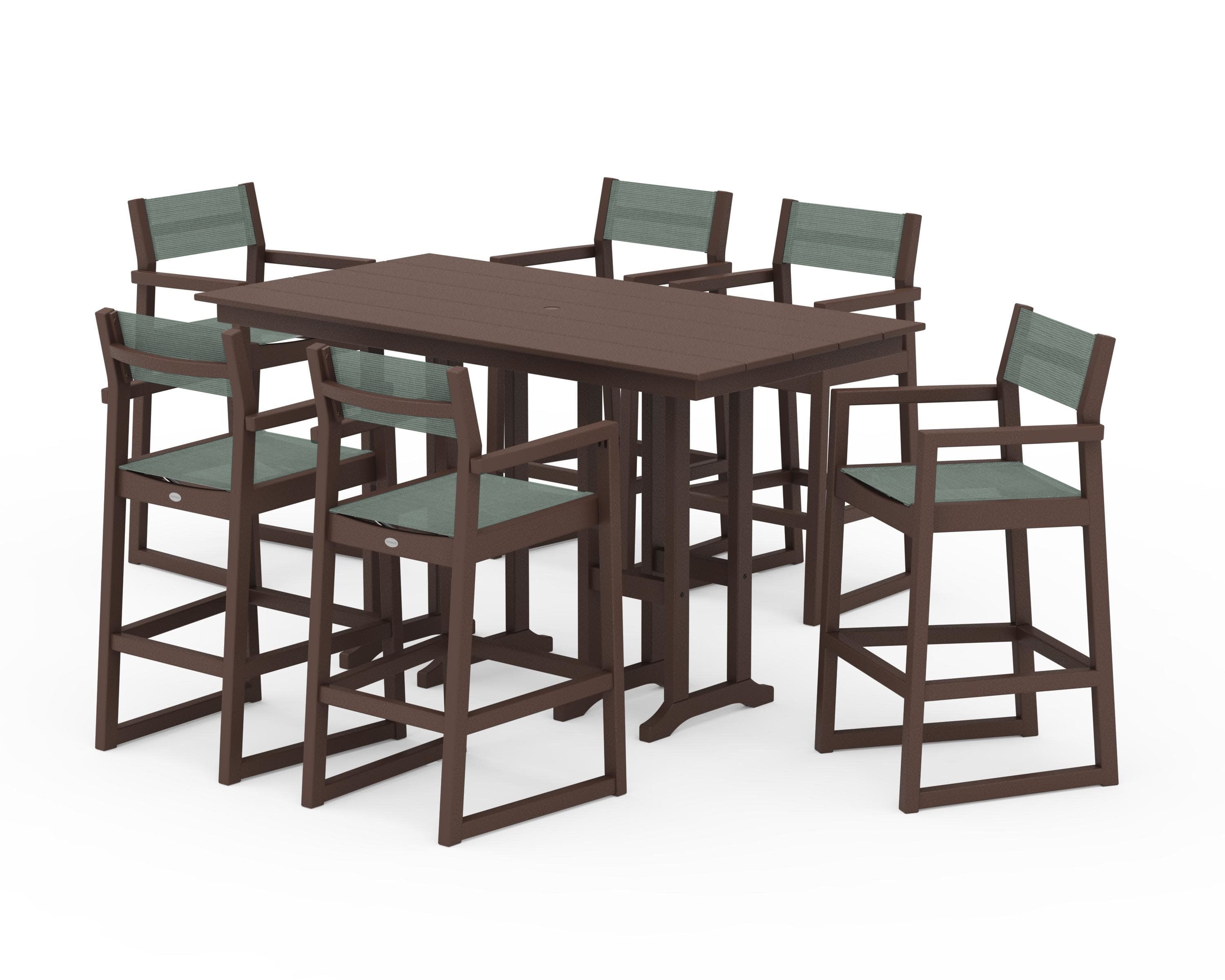 EDGE Sling Arm Chair 7-Piece Farmhouse Bar Set in Mahogany / Dupioni Sea Mist Sling
