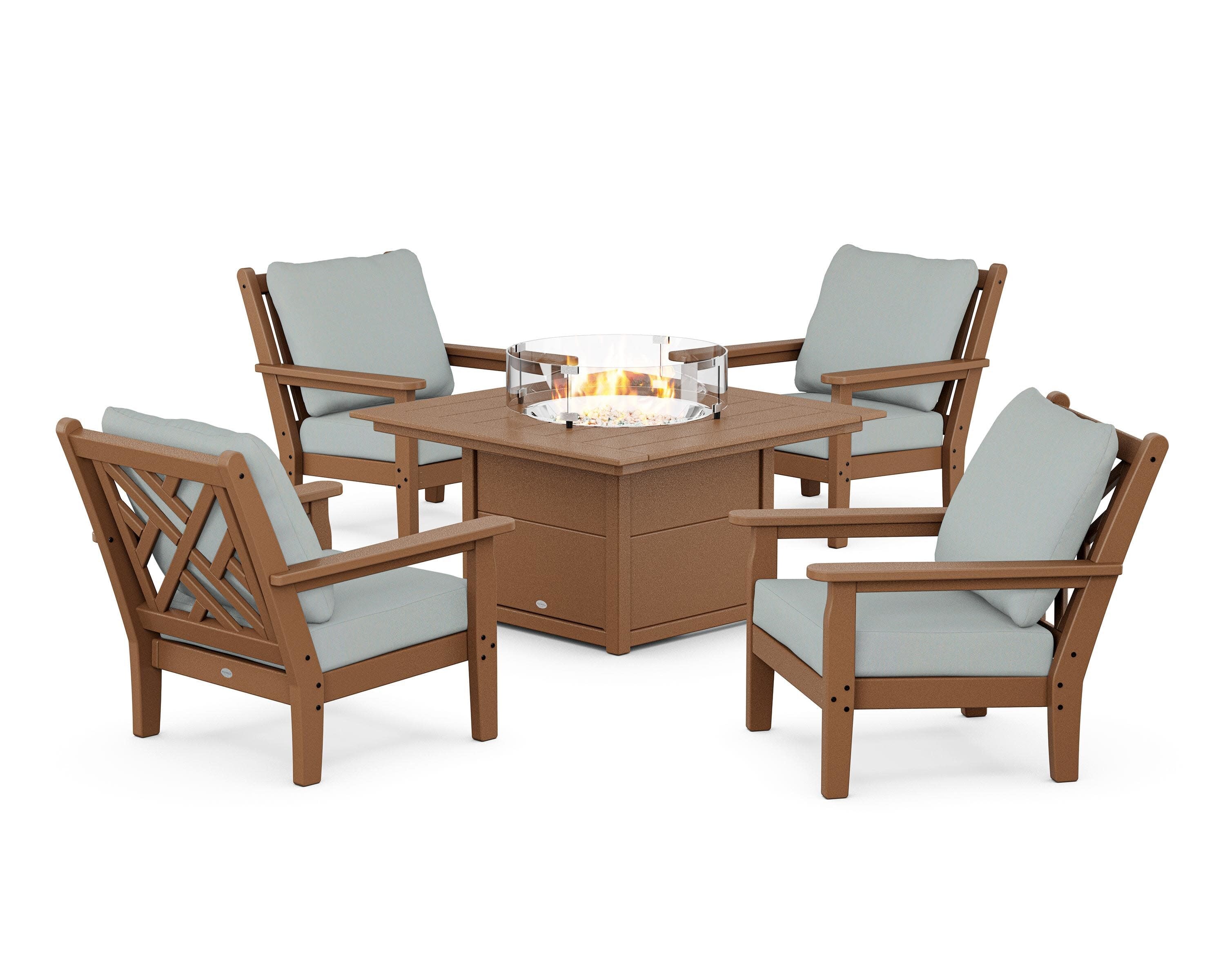 Chippendale 5-Piece Deep Seating Set with Fire Pit Table in Teak / Spa