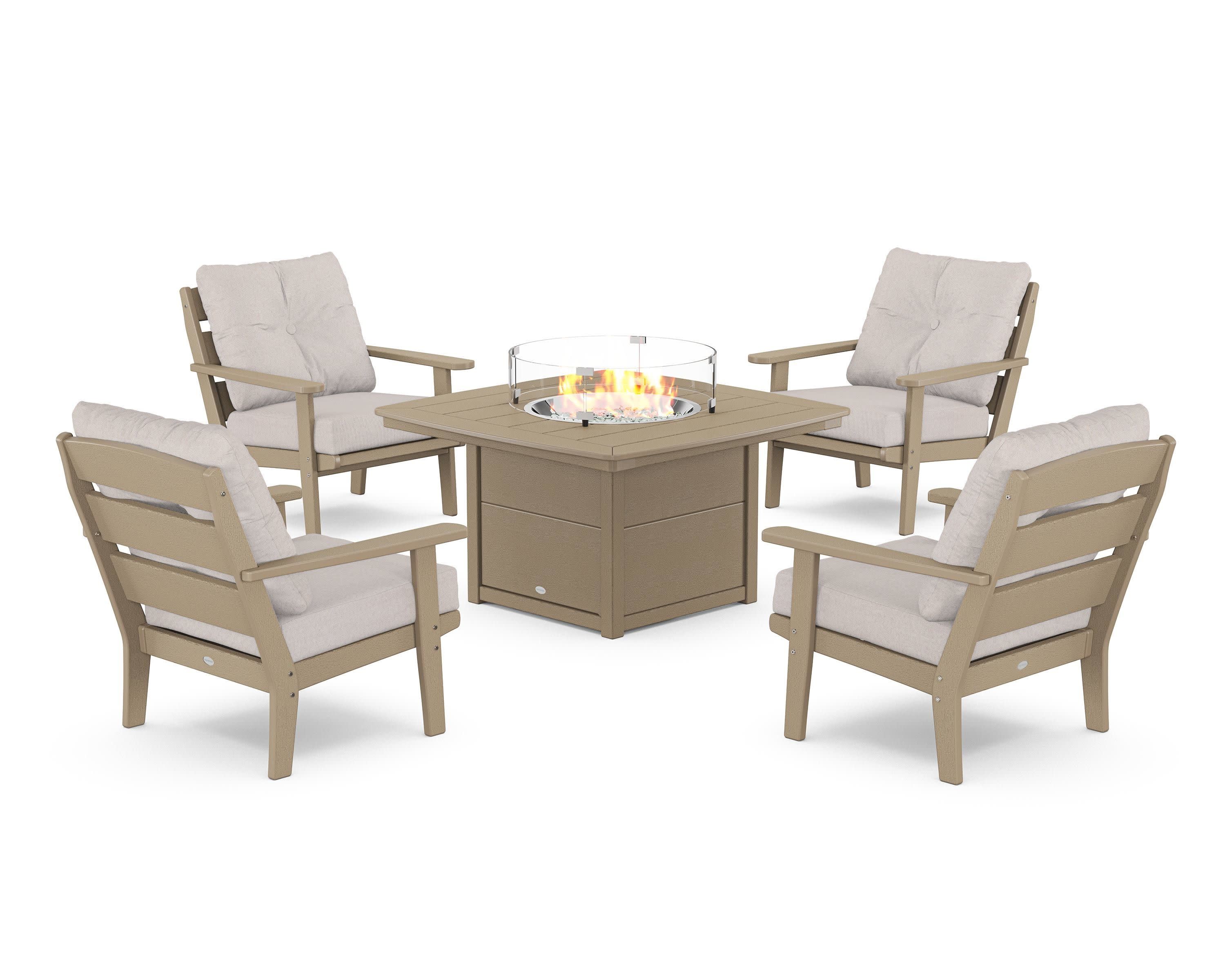 Lakeside 5-Piece Deep Seating Set with Nautical Fire Pit Table in Vintage Sahara / Dune Burlap