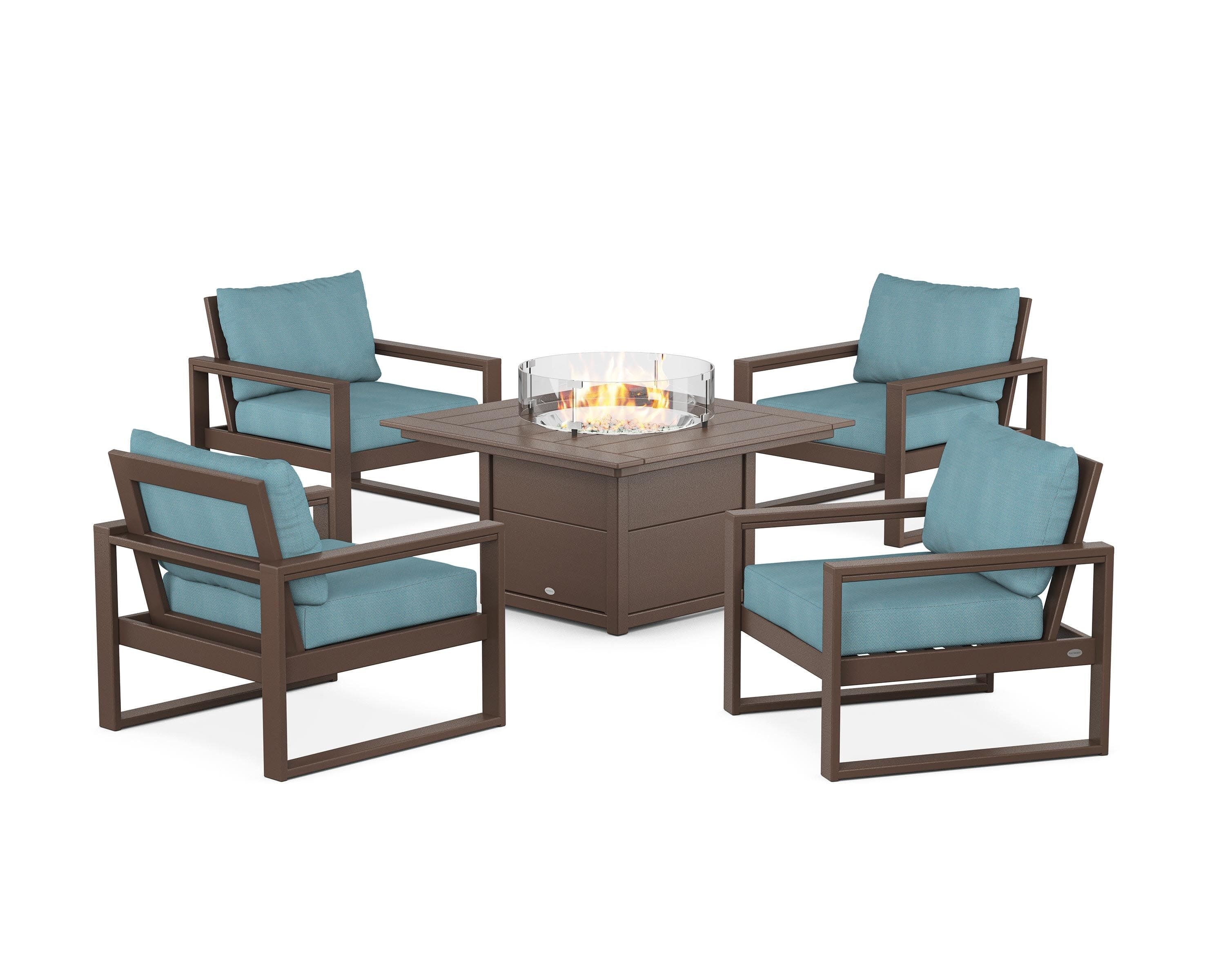 EDGE Sectional 5-Piece Deep Seating Set with Fire Pit Table in Mahogany / Lattice Sky Blue