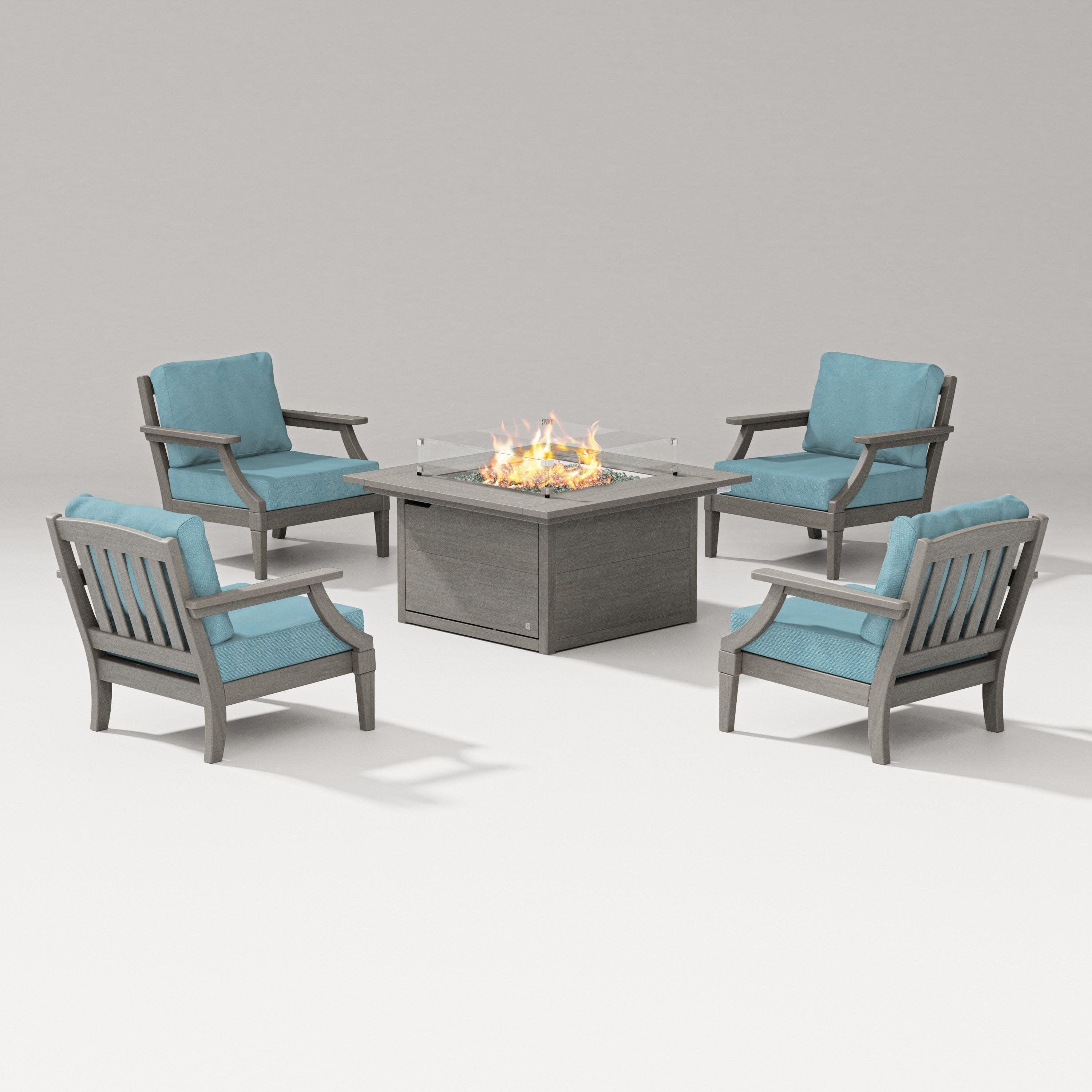 Estate 5-Piece Lounge Fire Table Set in Driftwood / Lattice Sky Blue