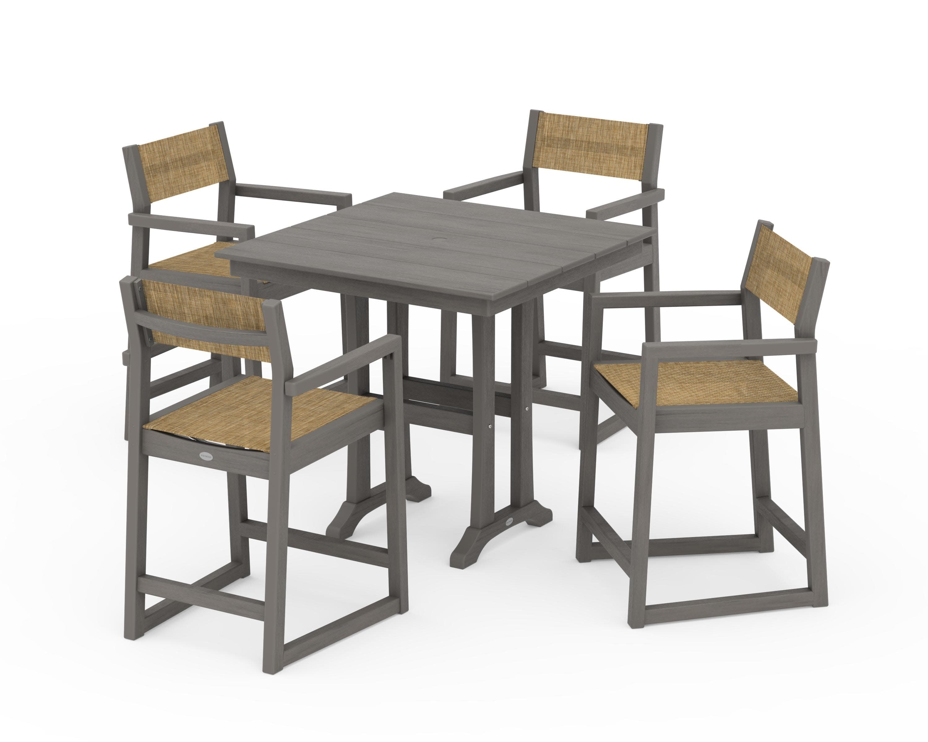 EDGE Sling Arm Chair 5-Piece Farmhouse Counter Set with Trestle Legs in Driftwood / Burlap Sling