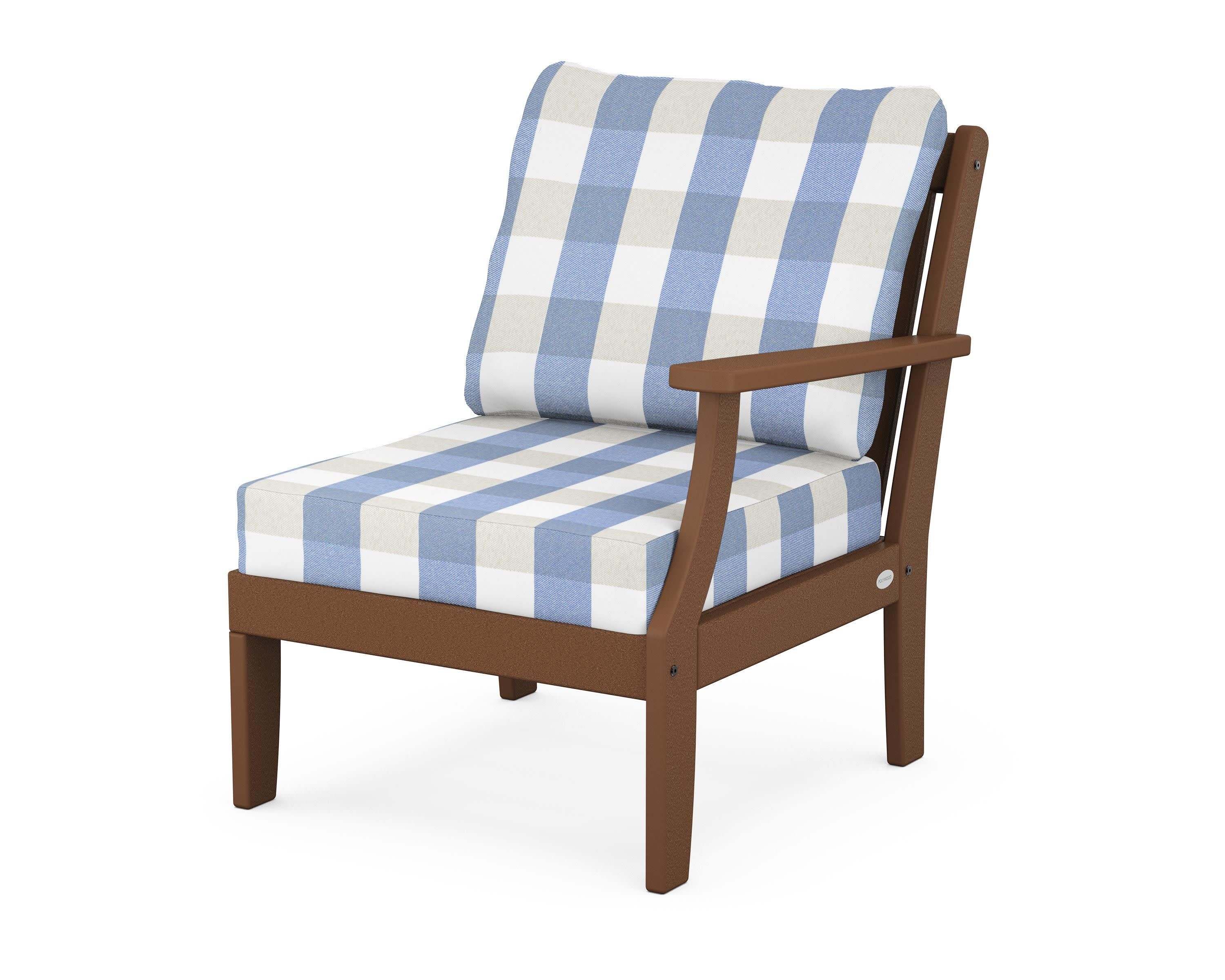 Braxton Modular Right Arm Chair in Teak / Buffalo Plaid Sky Blue