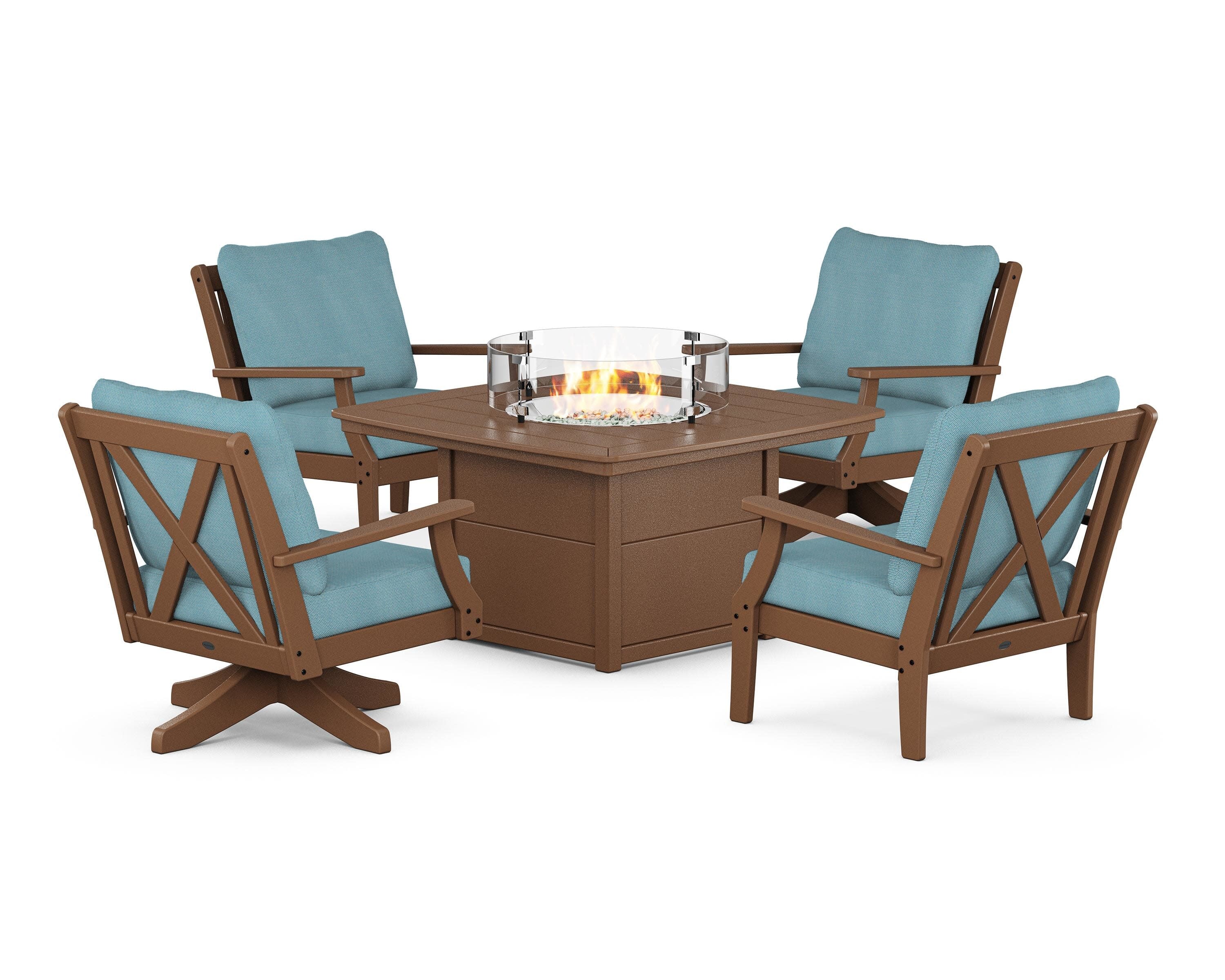 Braxton 5-Piece Deep Seating Set with Fire Table in Teak / Lattice Sky Blue