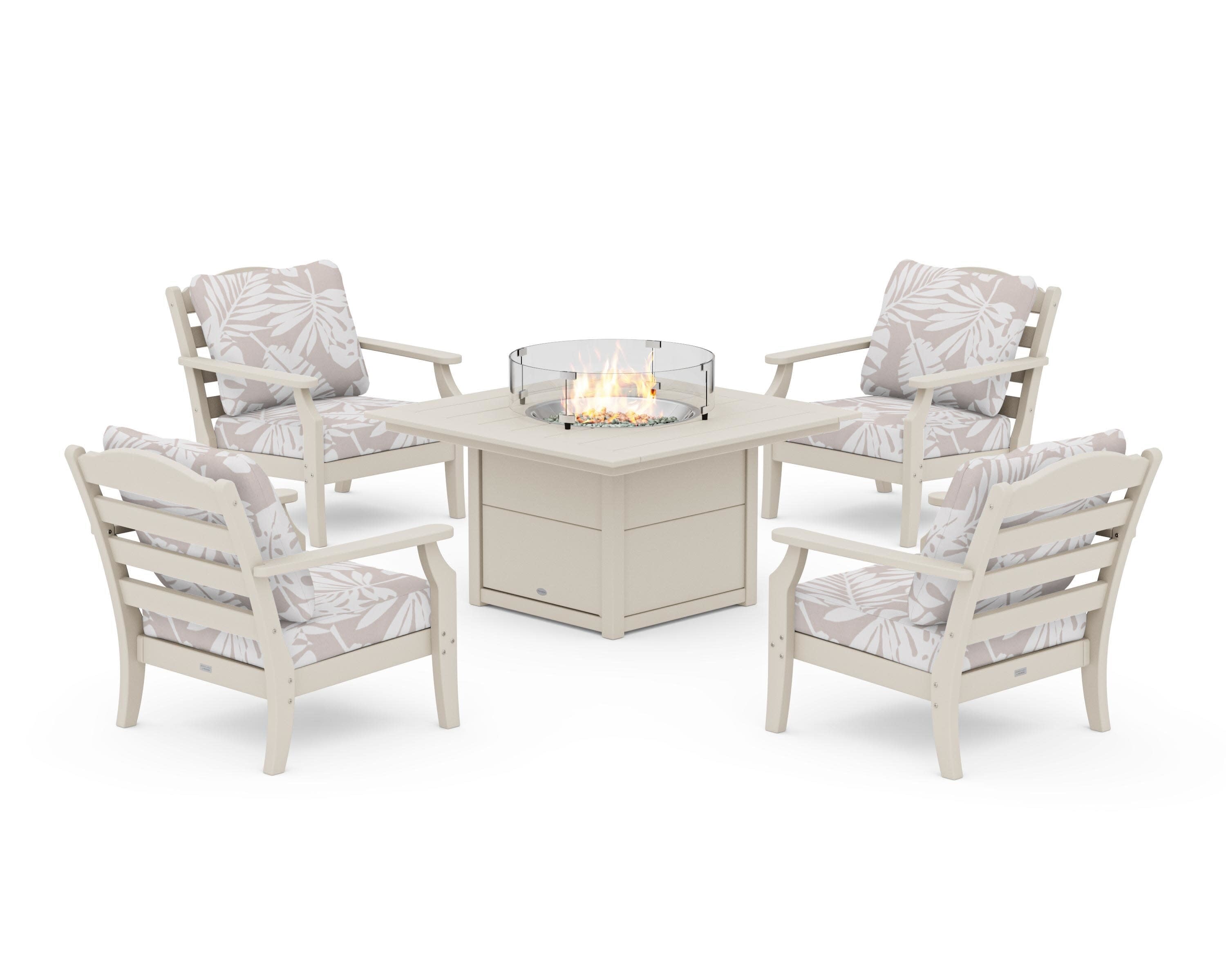 Savannah 5-Piece Deep Seating Set with Fire Pit Table in Sand / Leaf Dune Burlap