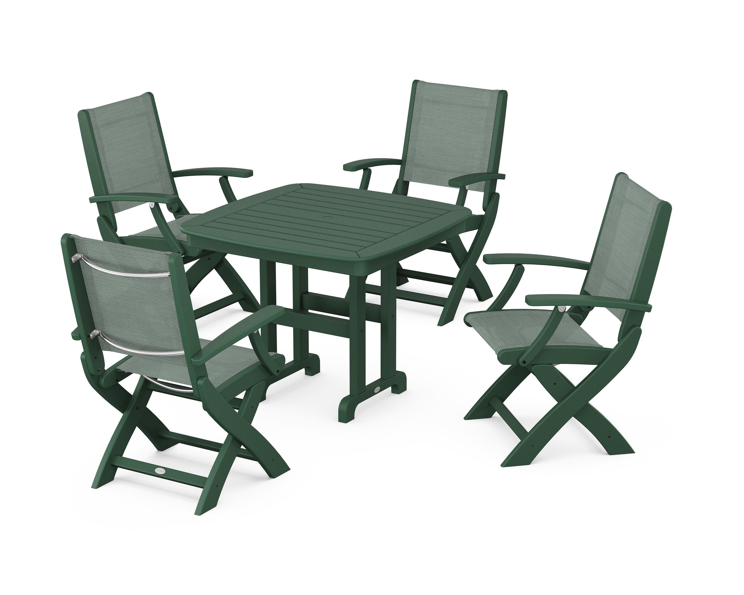 Coastal Folding Chair 5-Piece Dining Set in Green / Dupioni Sea Mist Sling