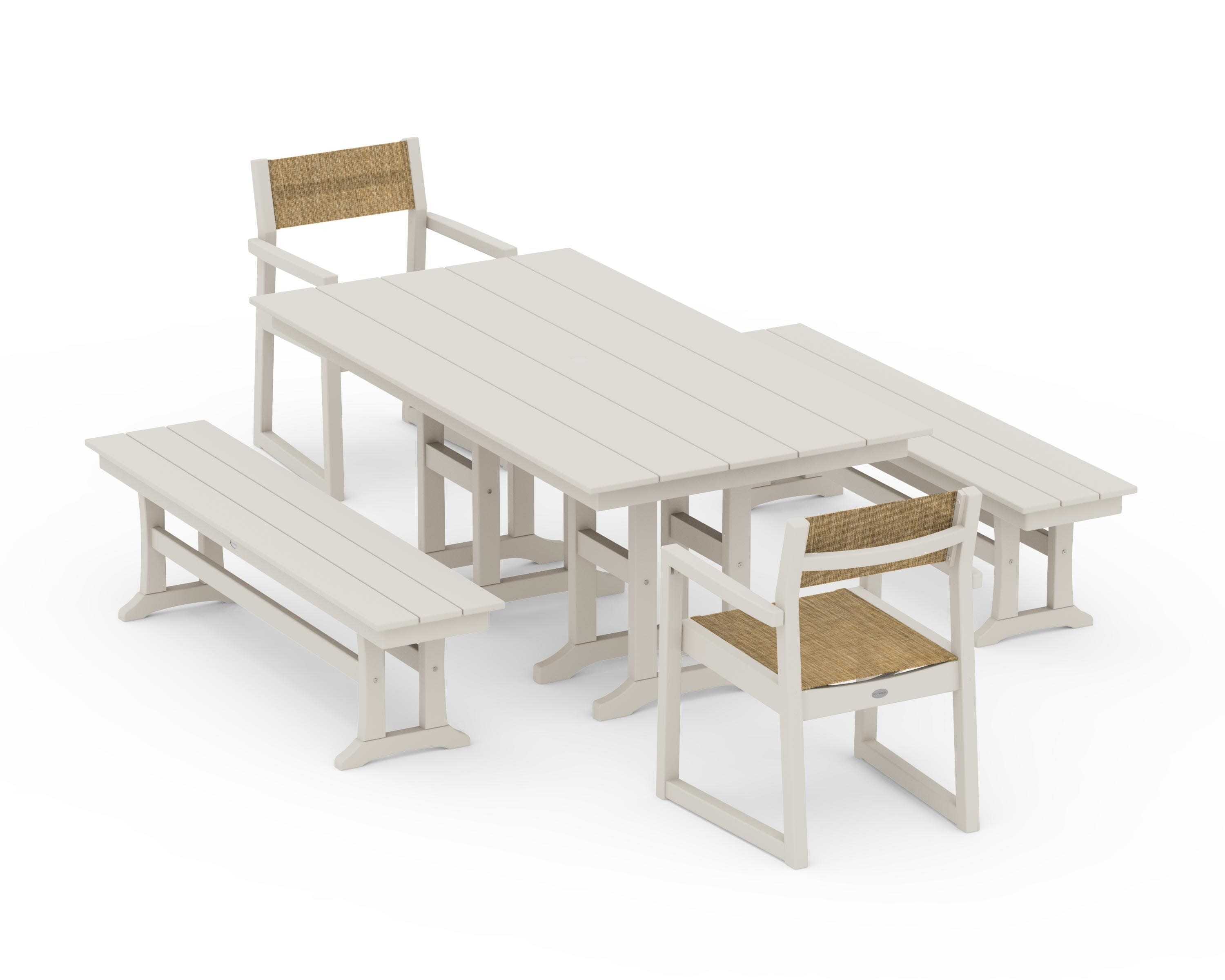 EDGE Sling Arm Chair 5-Piece Farmhouse Dining Set with Benches in Sand / Burlap Sling