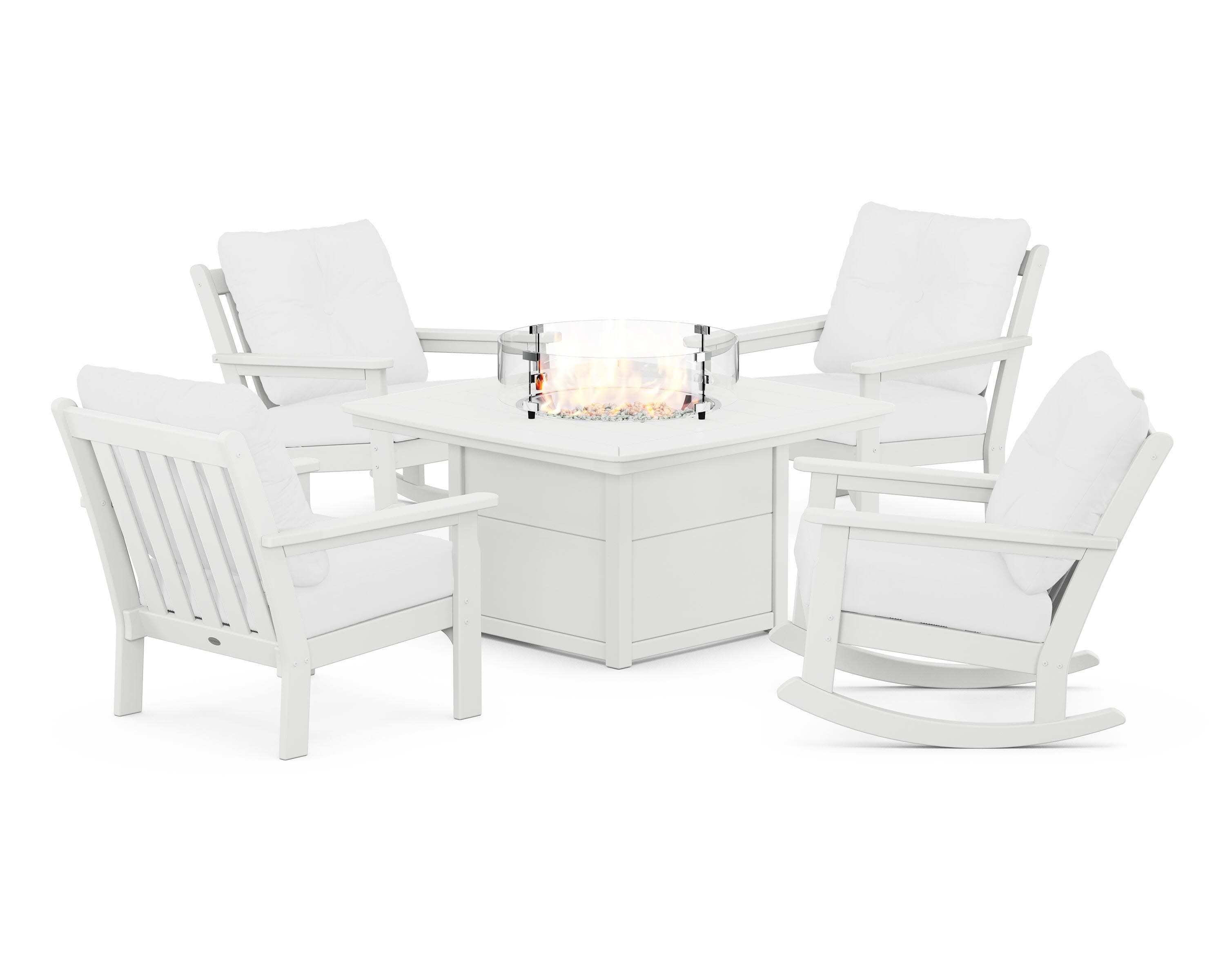 Vineyard 5-Piece Deep Seating Rocking Chair Conversation Set with Fire Pit Table in White / Natural